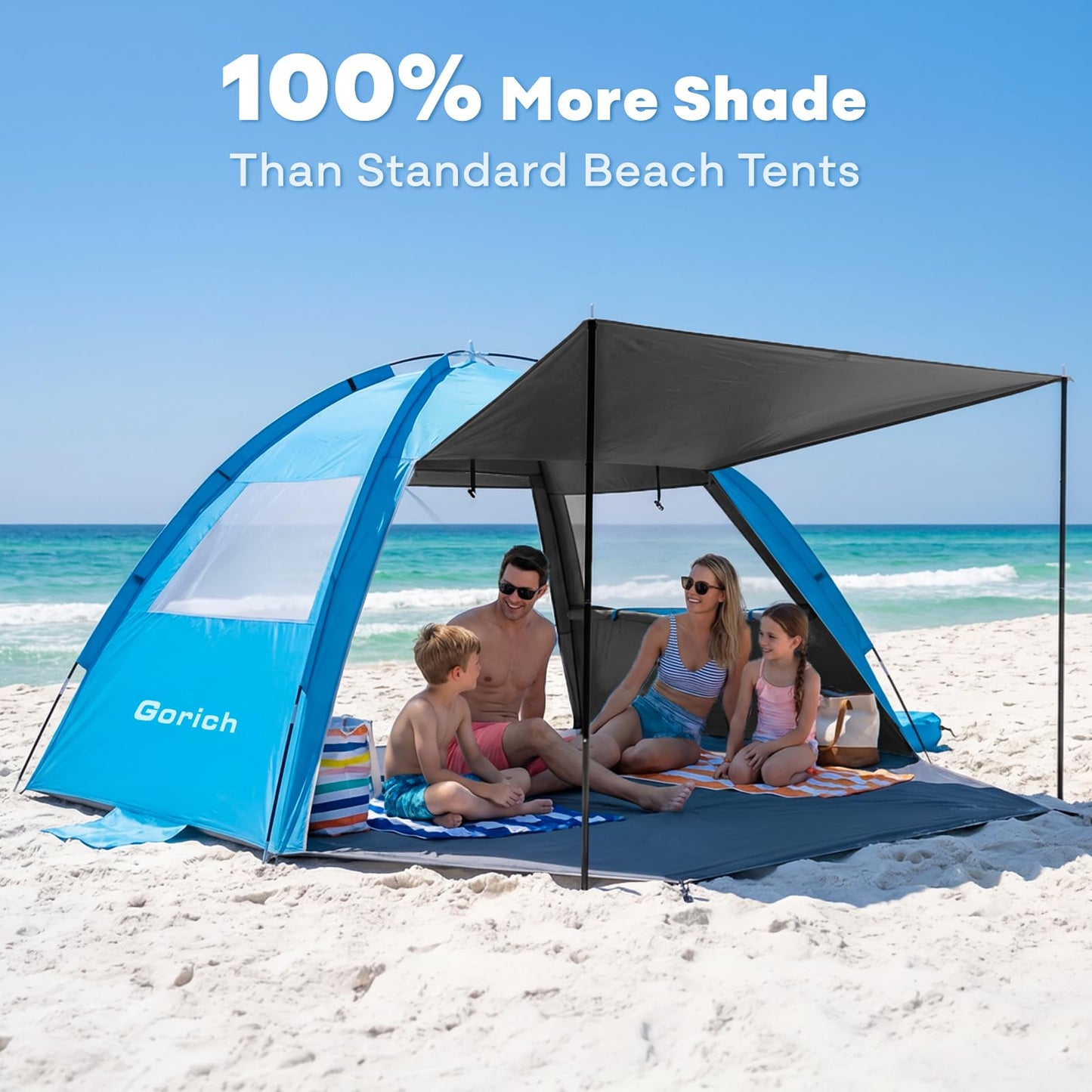 Gorich Beach Tent Sun Shelter with Canopy, Easy Setup UPF50+ UV Protection Sun Shade for 3-4/5-6/7-8 Person, Lightweight & Compact Beach Umbrella for Family Travel