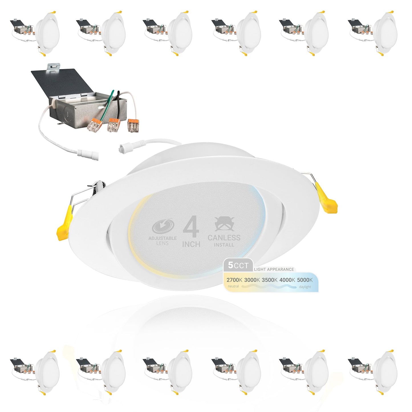 NuWatt 12 Pack, 4 Inch Canless Gimbal LED Recessed Lighting, 5CCT 2700K/3000K/3500K/4000K/5000K Selectable, 630 Lumen, Dimmable, Adjustable Eyeball Wafer Lights for Sloped Ceilings, Metal Junction Box