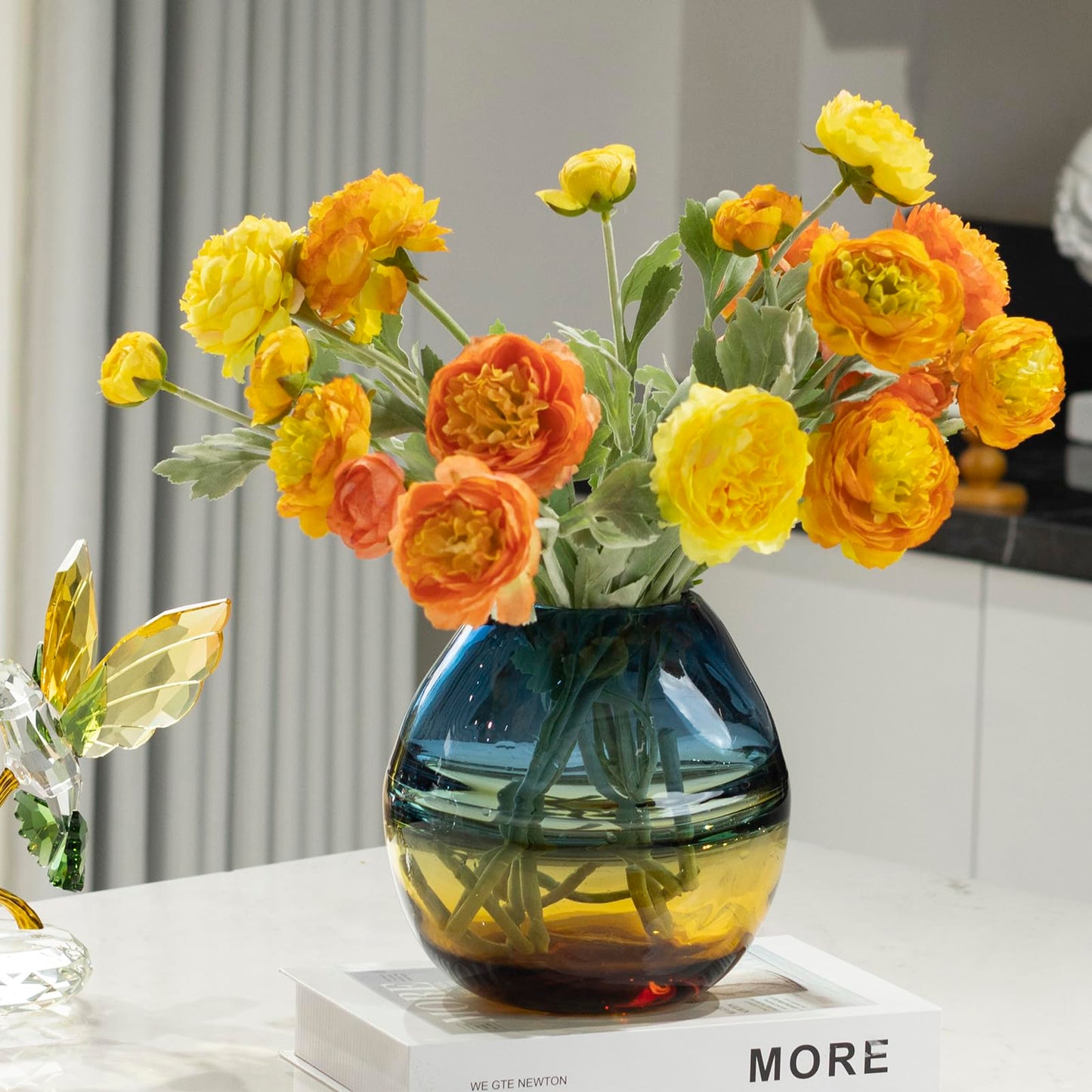 Glass Handmade Decorative Vase Ombre Centerpiece Vase with Yellow Base, Flower Vase for Home Decoration (Low vase)