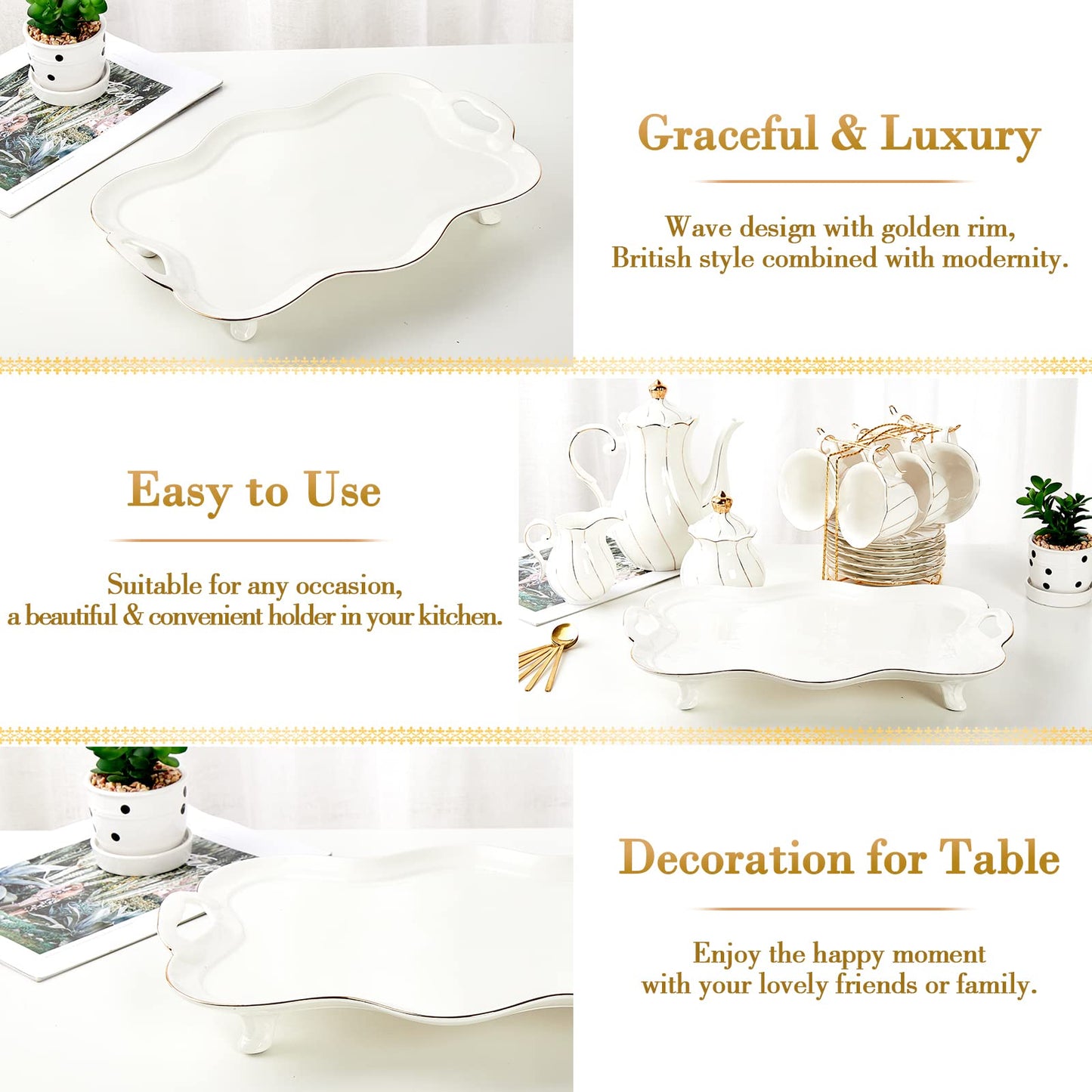 DUJUST Porcelain Serving Tray with Handles, Luxury British Style Coffee Table Tray with Golden Rim, Beautiful Tea Tray Decor for Living Room, Easy to Use & Clean