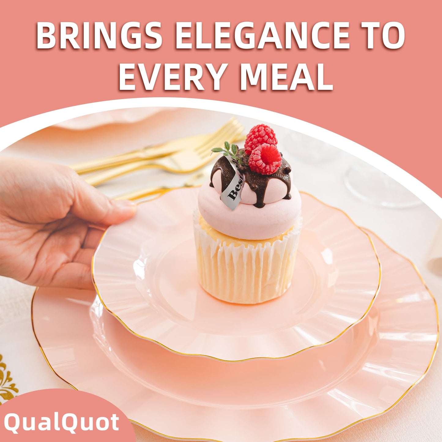 QualQuot 175PCS Gold and Pink Plastic Dinnerware Set, Plastic Party Plates for 25 Guests, 50 Disposable Plates, 25 Heavy Duty Silverware, 25 Cups, 25 Napkins for Mother's Day, Party and Wedding