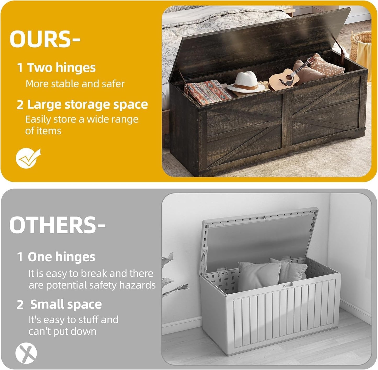 DWVO Wooden Storage Bench, Farmhouse Storage Chest with Safety Hinges, Entryway Shoe Organizer, Multi-Use Storage for Living Room/Bedroom, 47.2" L, Dark Rustic Oak