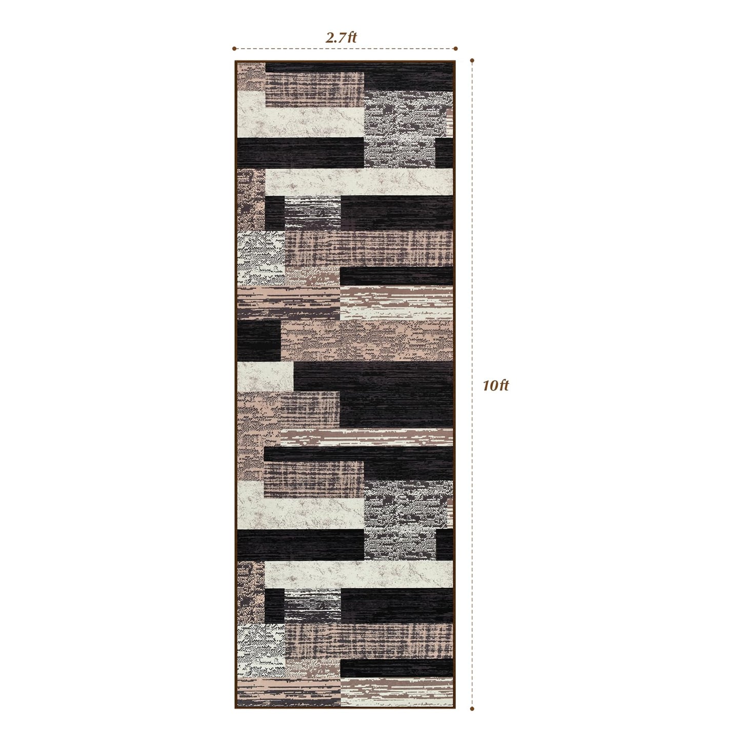 Indoor Runner Rug, Washable Runner Rug with Rubber Backing, Modern Geometric Patchwork Aesthetic Carpet for Bedroom, Living Room, Hallway, Entryway,Washable Rugs Rockwood Collection,2.7x10Ft Chocolate
