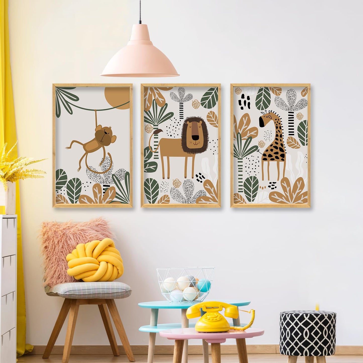 comurdyo Kids Cute Animal Wall Art Set of 3 Framed Safari Prints Cartoon Lion Monkey Giraffe Sign 16×11 Inch for Baby Room Toddler Nursery Children's Room Boho Rustic Wood Framed Hanging Decor (Wood)