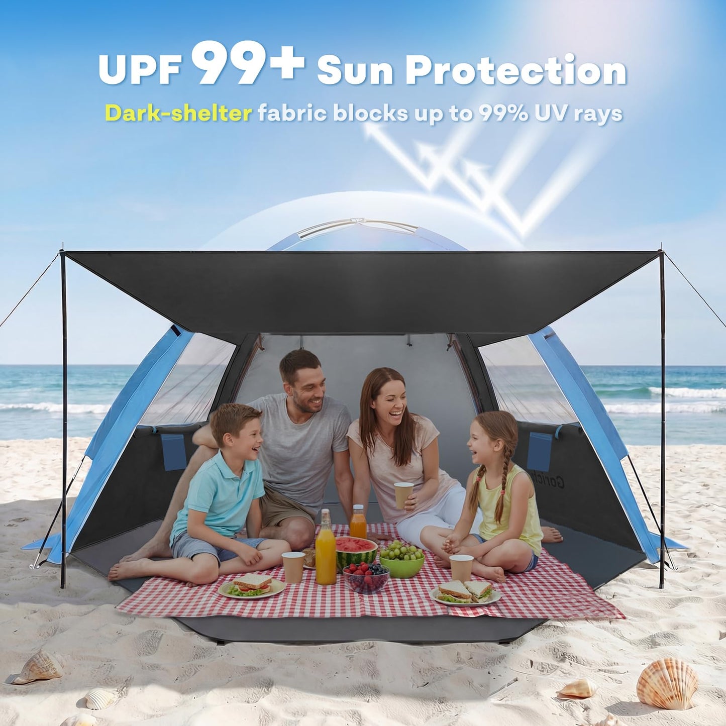 Gorich Beach Tent Sun Shelter with Canopy, Easy Setup UPF50+ UV Protection Sun Shade for 3-4/5-6/7-8 Person, Lightweight & Compact Beach Umbrella for Family Travel