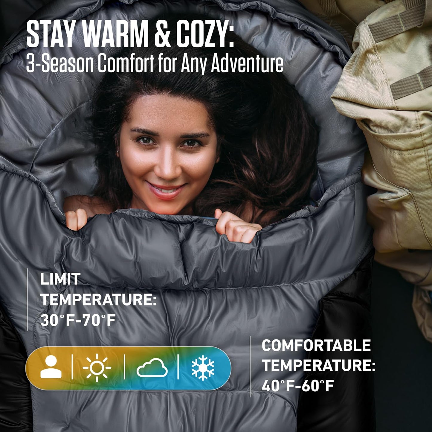 VENTURE 4TH 3-Season XXL Backpacking Sleeping Bag, Camping Sleeping Bags for Adults & Kids - Lightweight, Comfortable, Water Resistant, Ideal for Hiking, Camping & Outdoor – Silver/Black