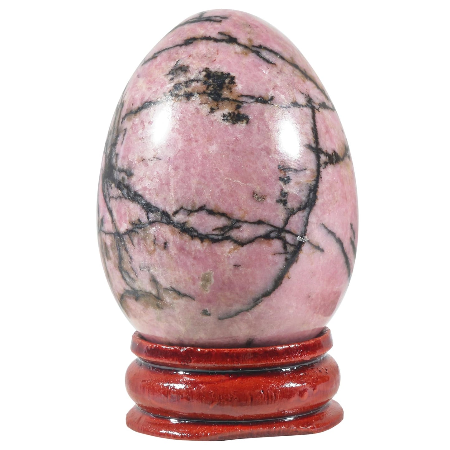 Casaper 2" Natural Rhodonite Egg with Wood Stand for Home Decoration, Polished Crystal Pocket Palm Sphere Fengshui Figurines Healing Reiki
