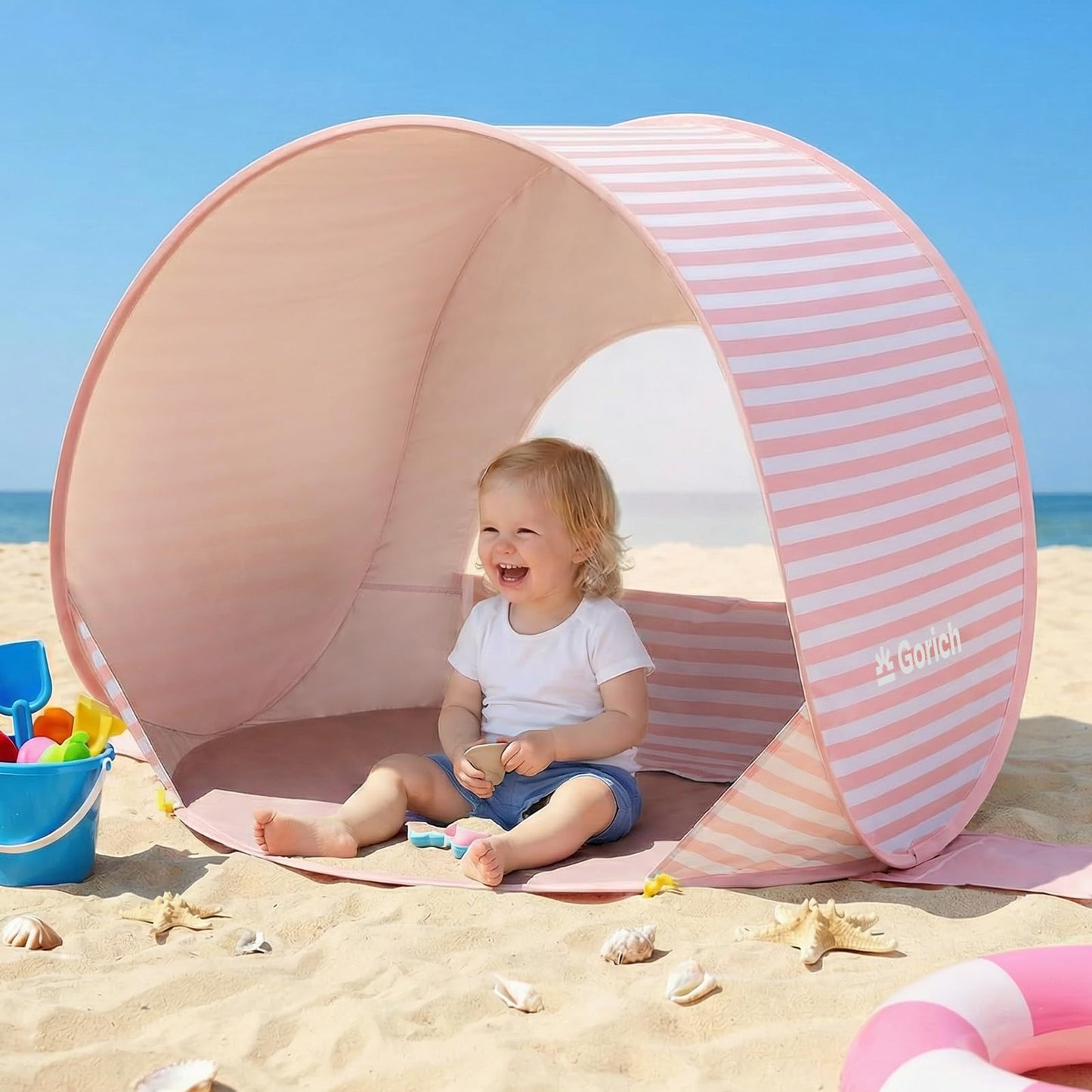 Gorich Pop Up Baby Beach Tent with UPF50+ UV Protection, Portable Toddler Sun Shelter with Mesh Ventilation, Lightweight & Foldable Play Shade Tent for Beach, Park & Backyard
