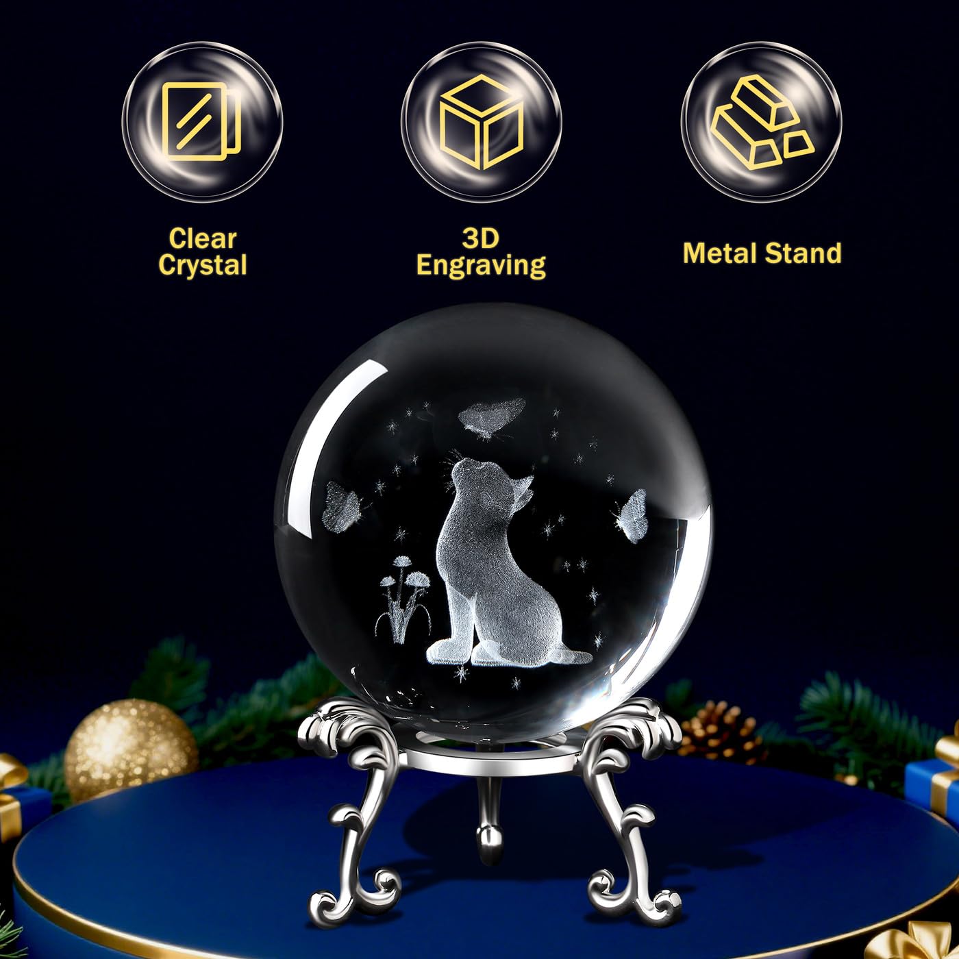 MAIBAOTA Cat Gifts for Cat Lovers Women 3D Crystal Cats Theme Stuff Figurines Money Attraction Decor Good Lucky Gifts 60mm Glass Laser Ball Paperweight with Stand Glass Sphere