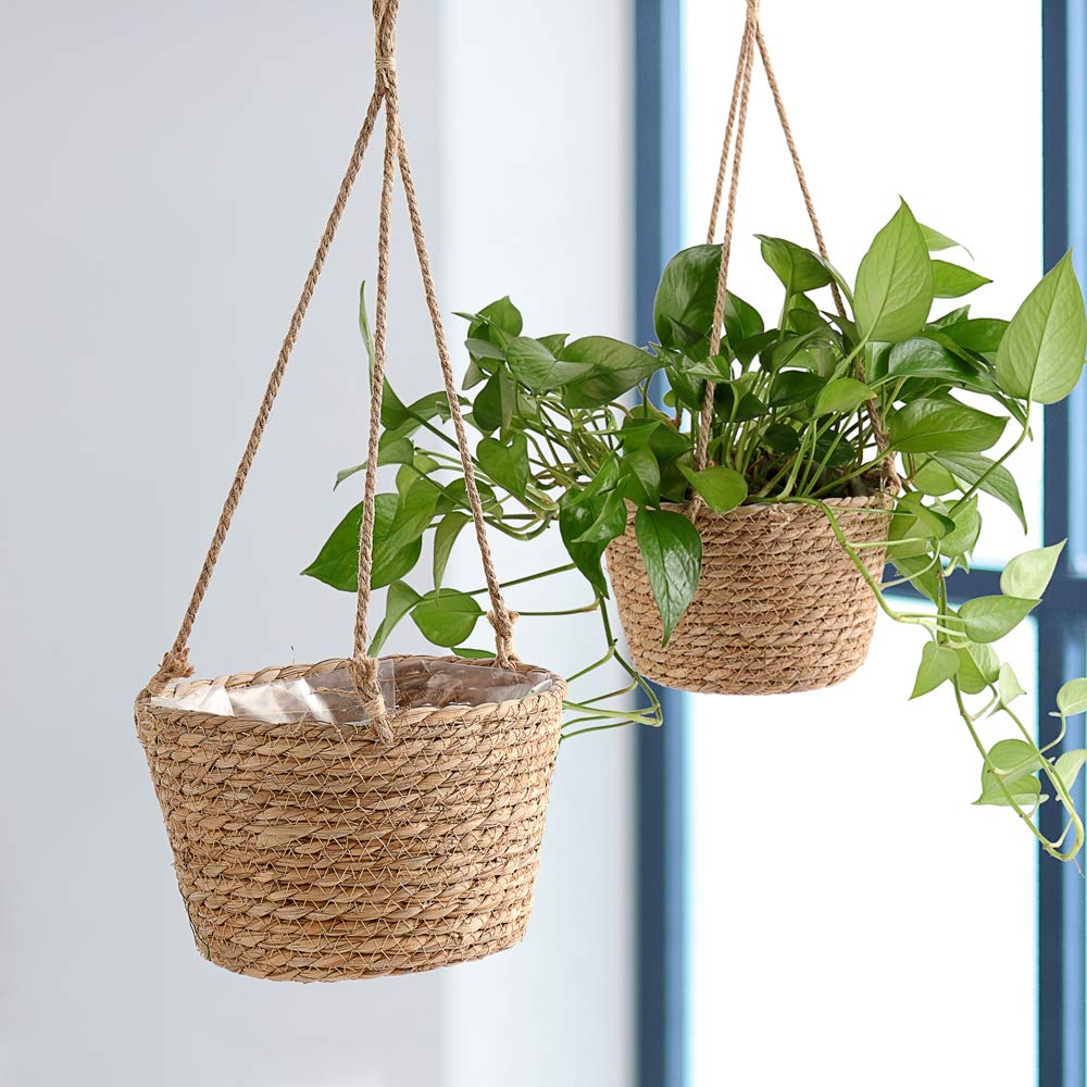 MEUMITY Hanging Planter Basket, Rattan Woven Plant Hanger with Plastic Liner Macrame Plant Holder Storage Organizer for Plants Indoor Outdoor(#1)