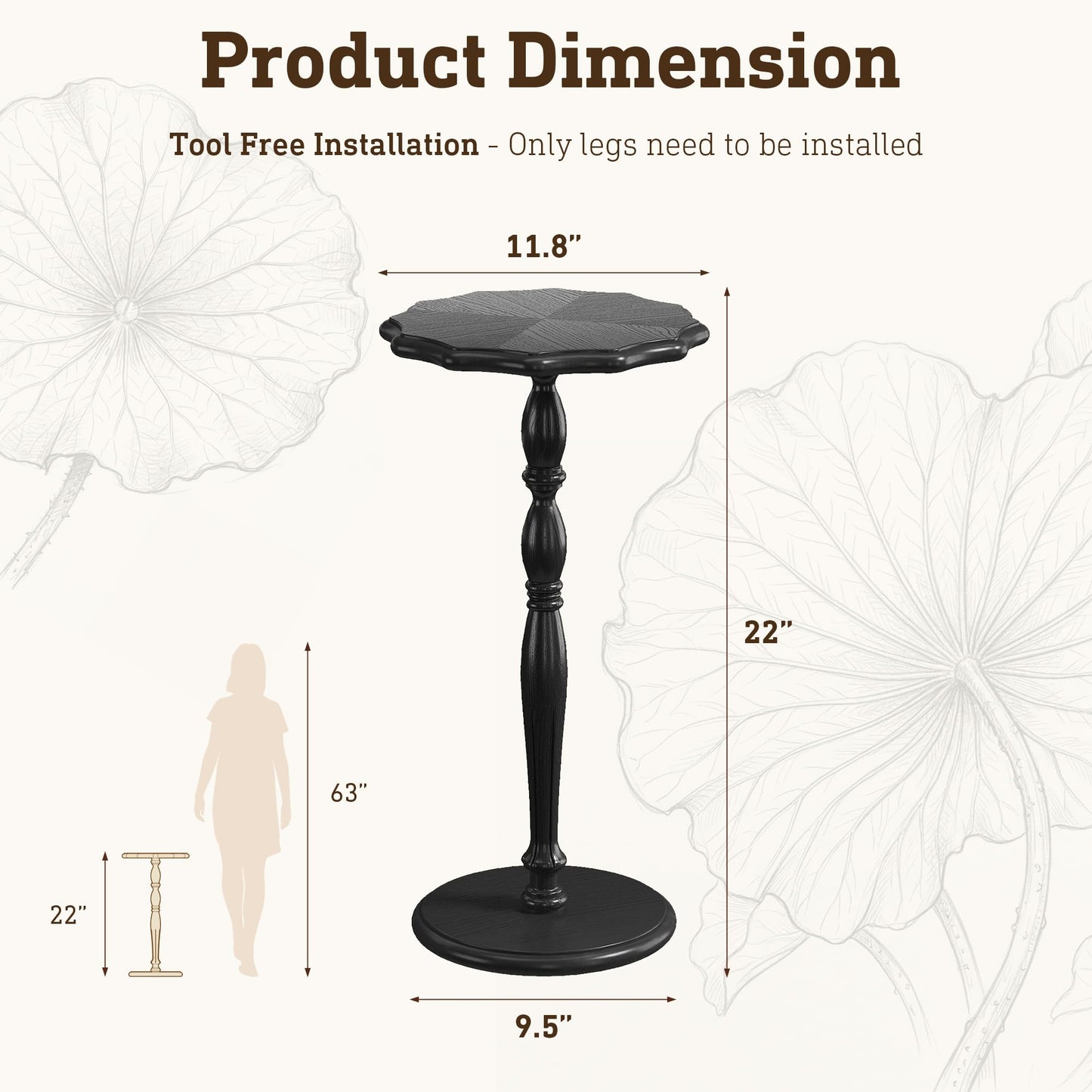 STO'SENSE Black Round Side Table, Drink Table for Small Spaces,Modern Accent Nightstand w/Solid Wood Leg, Mid-Century Pedestal Sofa Table w/Classic Sculpted Design for Living Room,Tool-Free Assembly