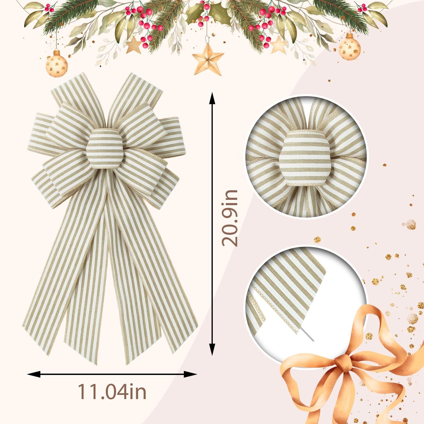 Vickasi Natural Stripes Wreath Bows for Front Door, Khaki Stripes Burlap Ribbon Bowknot Farmhouse Craft Bows Accessories for Wreath Tree Home Decorations