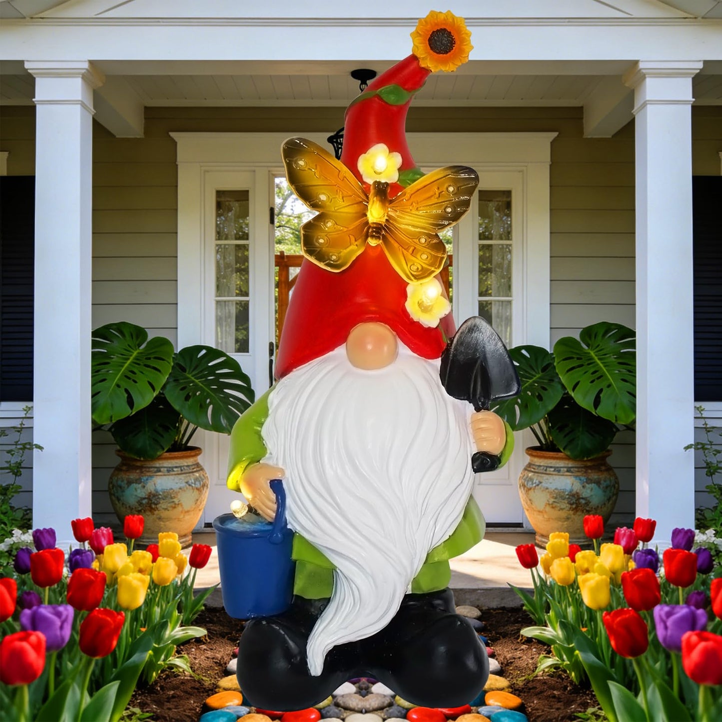 Arecyuer Spring Gnomes Garden Statues Decor, Solar Waterproof Large Gnome with LED Lights Funny Garden Sculptures Outdoor Patio Yard Decorations Lawn Ornaments Gifts for Women Mom