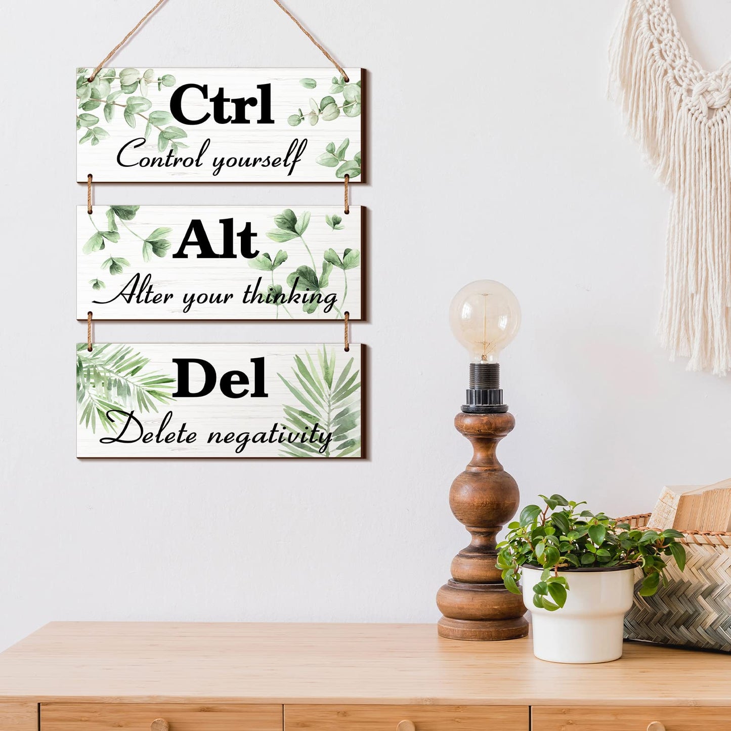Qunclay 3 Pcs Office Wall Decor Green Leaves Wood Rustic Hanging Cubicle Decor Summer Inspirational Ctrl Alt Del Sign Decoration for Bathroom Indoor Home Living Room