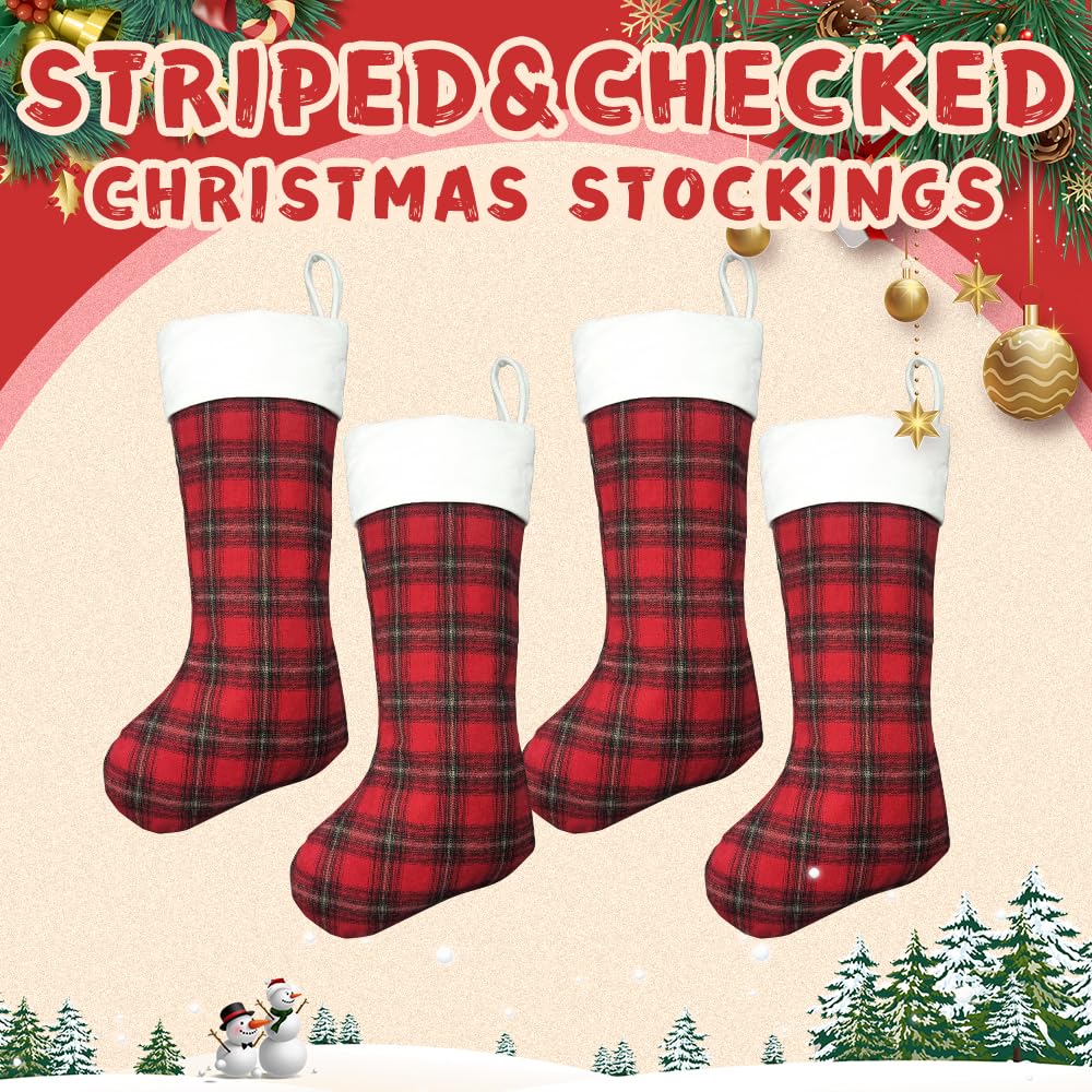 aokansha 4 Pack Buffalo Plaid Christmas Stockings 20'' Large Xmas Stocking with Plush Cuff Hanging Stocking Decoration for Holiday Home Wall Fireplace Christmas Tree Decor Kids Gift Ornaments Décor