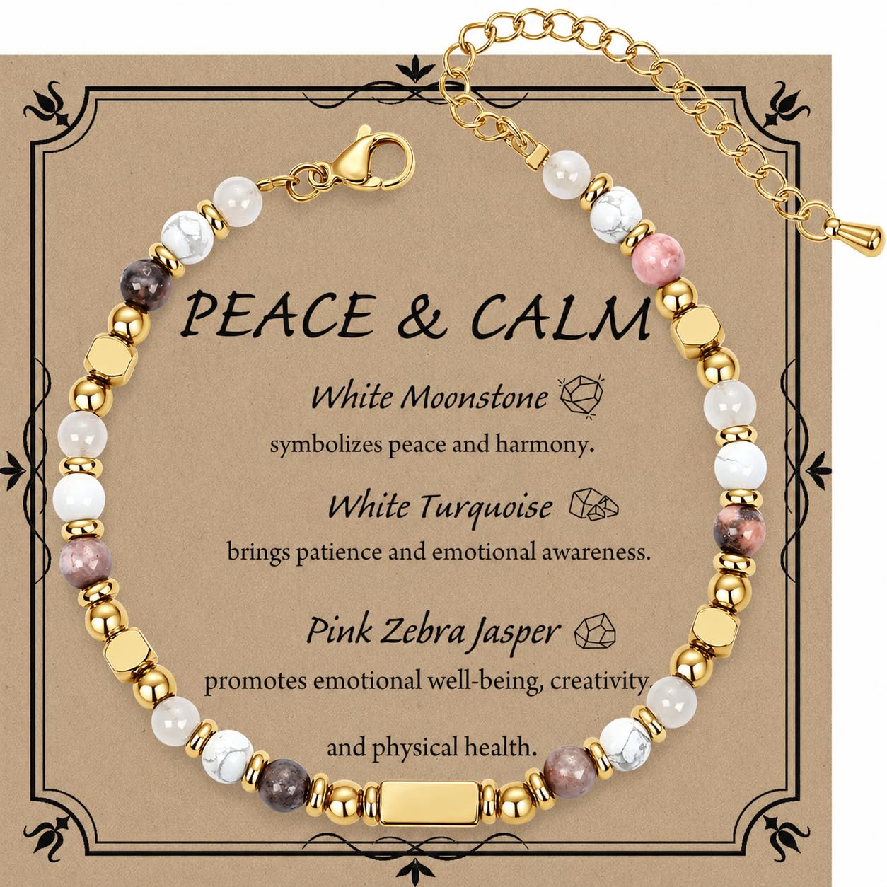 QINJIEJIE Peace Calm Bracelet for Women Moonstone Turquoise Pink Zebra Jasper Stone Healing Crystal Jewelry Spiritual Gifts for Friends Daughter Mom 6.7+1.9 Inches