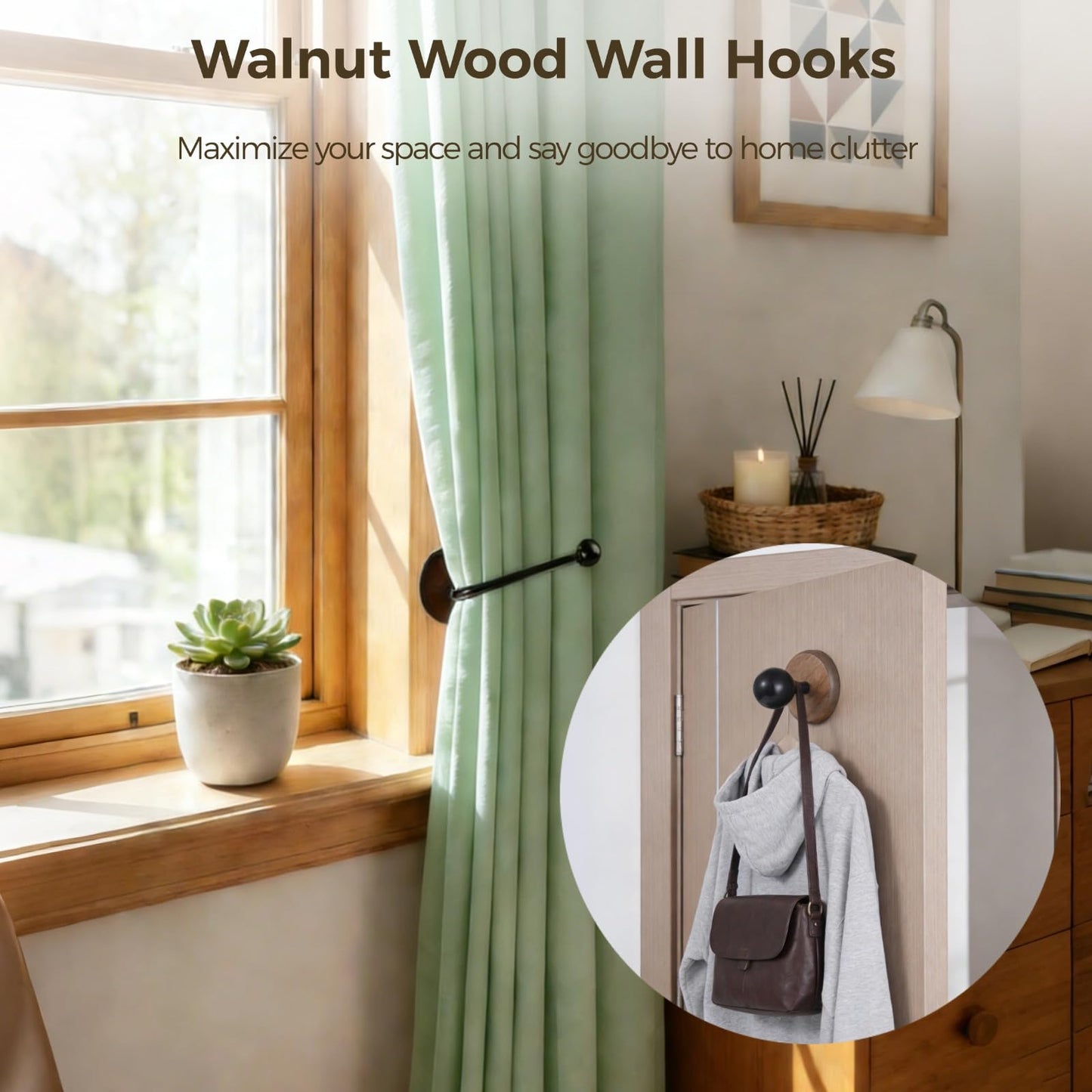4 Pcs Walnut Wood Wall Hooks, Including 2 T-Shaped Hooks & 2 J-Shaped Holders, No-Drill Adhesive Curtain Holdbacks with Solid Wood Base for Coats, Hats, Keys & Hair Ties (Black)