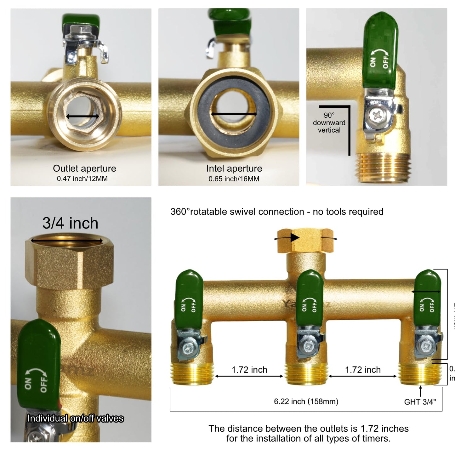 Yayamz Heavy-Duty Brass Garden Hose Divider - 3/4-inch GHT Threaded Tee with Shut-Off Valve, Water Flow Divider for High-Pressure and High-Flow Faucet Adapter, Metal Handle with Green Rubber