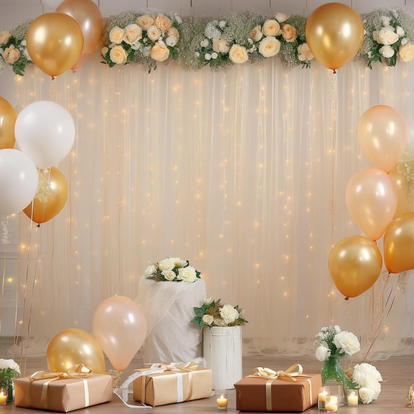 10x10ft Champagne Tulle Backdrop Curtain with Lights String for Parites, Sheer Photo Backdrop Curtains for Wedding Ceremony Bridal Shower Baby Shower Birthday Party Photo Shoot Background Decorations