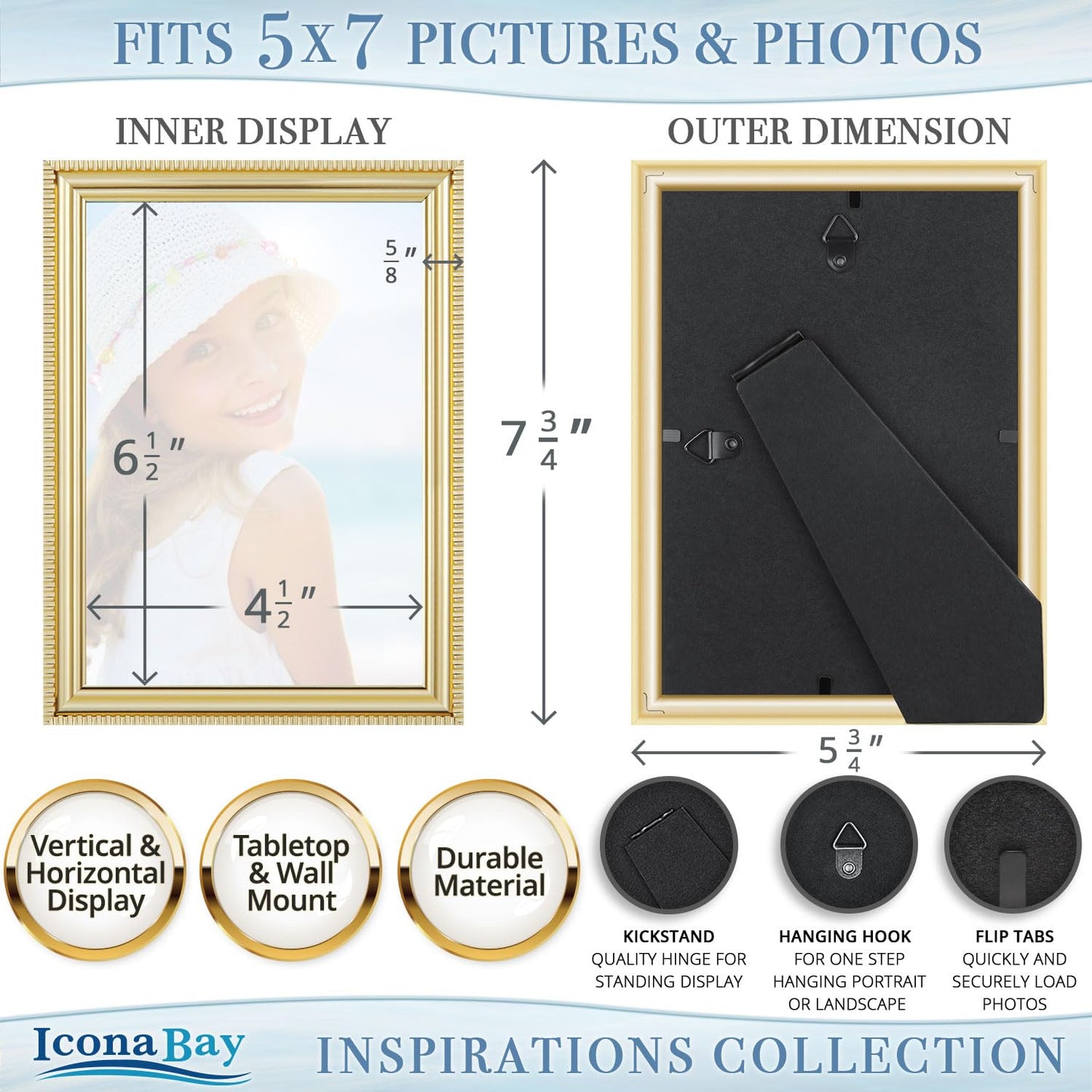 Icona Bay 5x7 Gold Picture Frame Beautifully Detailed Molding, Contemporary Picture Frame Set, Wall Mount or Table Top, Inspirations Collection