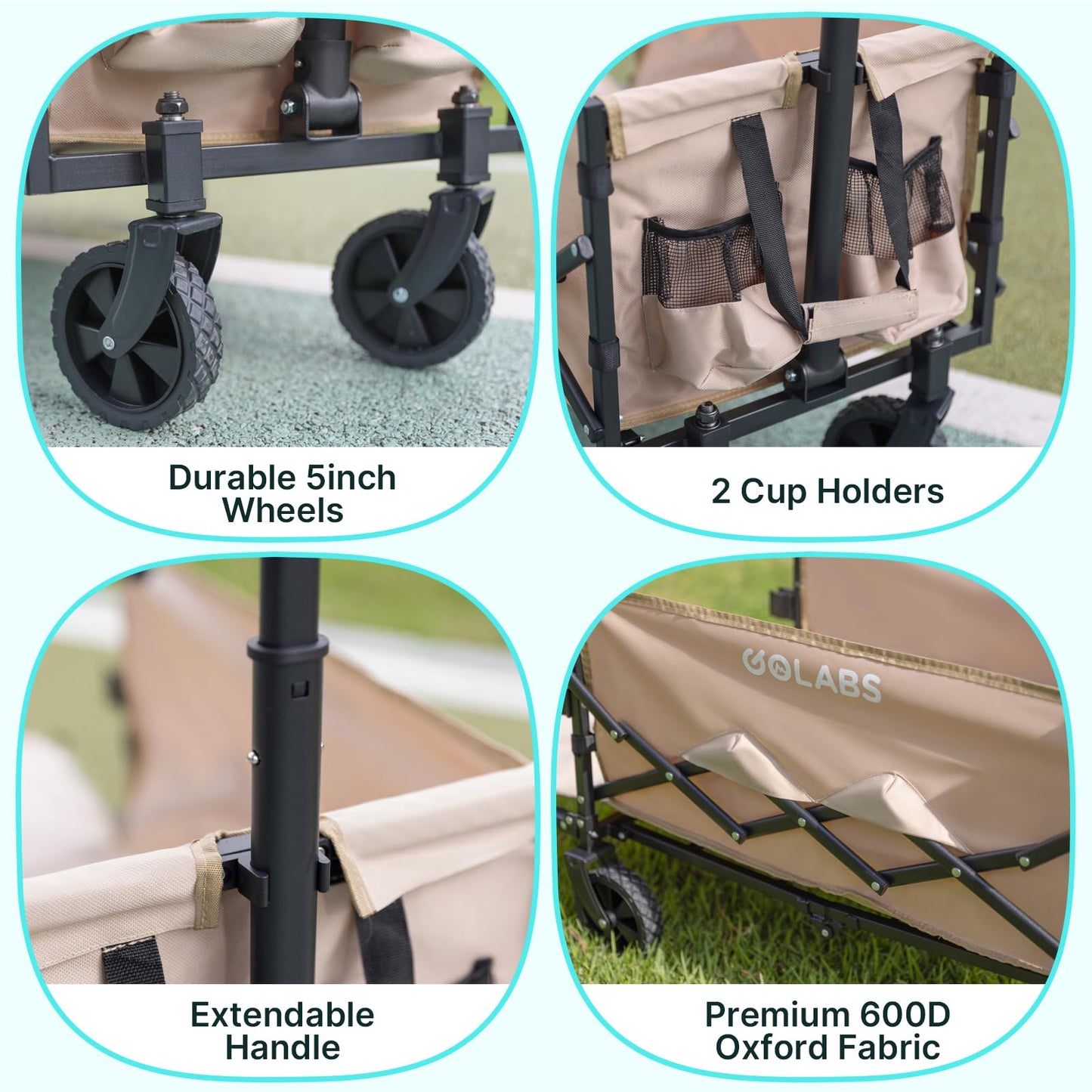 Golabs Collapsible Wagon Cart Max 350lb Load & Expandable Storage 100L, Double Bearing Design for Flexible Steering, Foldable Heavy Duty Garden Cart with 2 Cup Holders for Groceries, Garden & Camping
