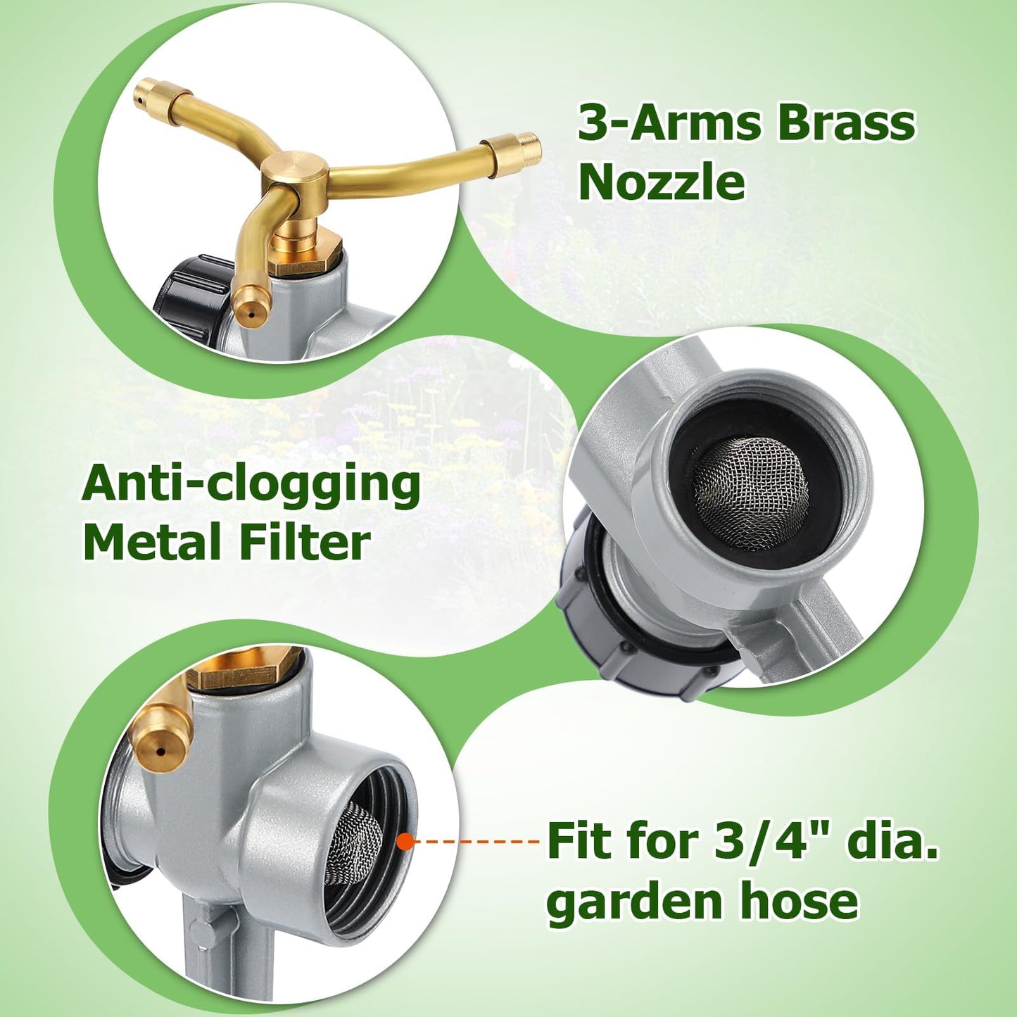 2 Pack Aluminum Alloy Lawn Sprinkler with 3 Arms Brass Nozzle, Long-Distance Spray for Small Medium Yard Garden