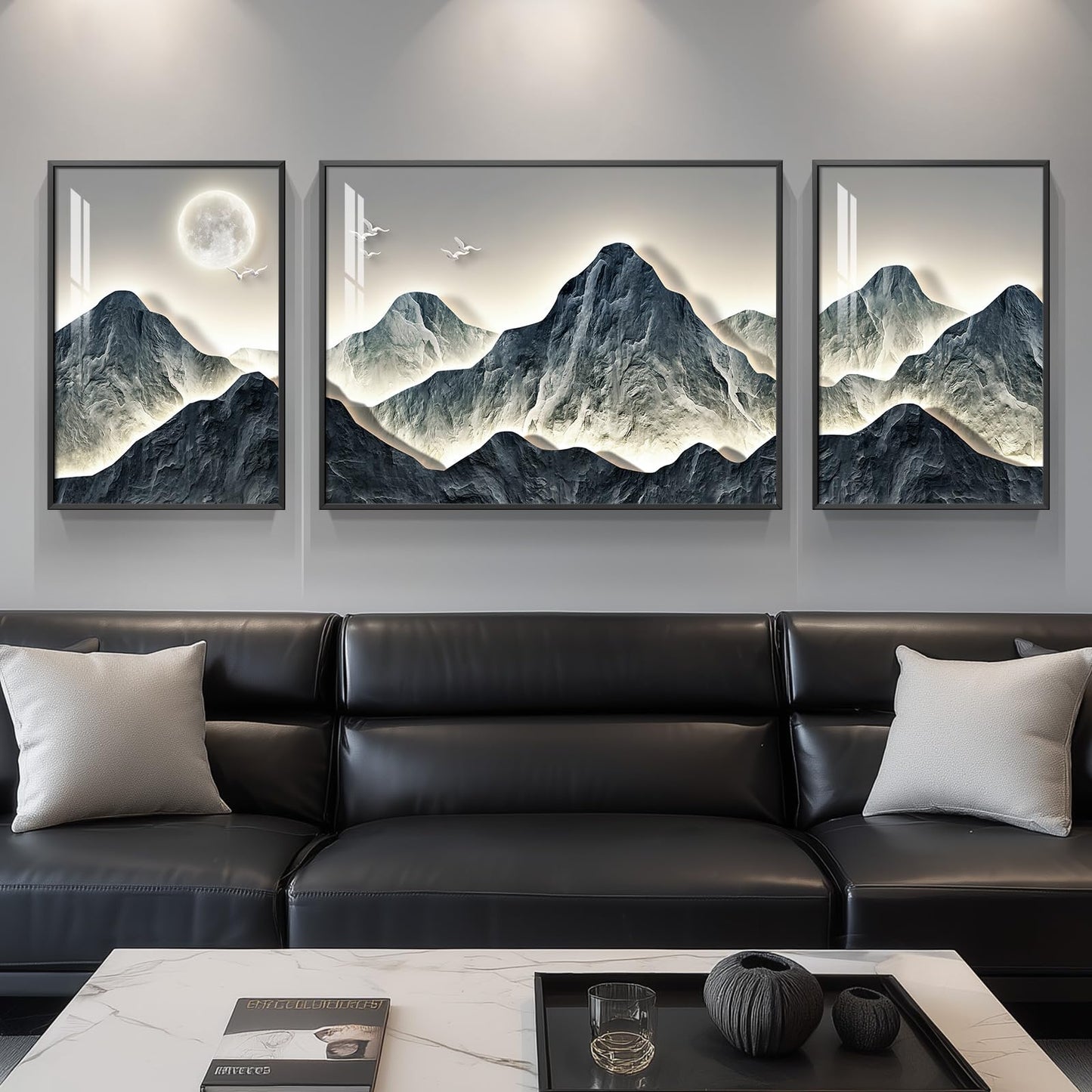 Framed Modern Mountain Wall Art for Living Room, 3 Piece Blue Luxury Bright Style Painting Prints, Landscape Moon Artwork for Dining Room Hallway Home Office Wall Decor