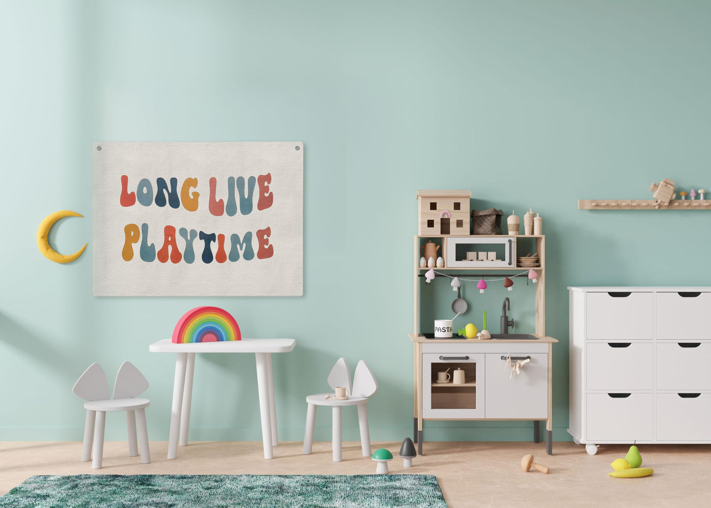 100% Cotton Canvas Long Live Playtime Banner, Toddler Kids Room Nursery, Odor-Free Printed Wall Decor Hanging, Kids Room & Playroom Wall Decor