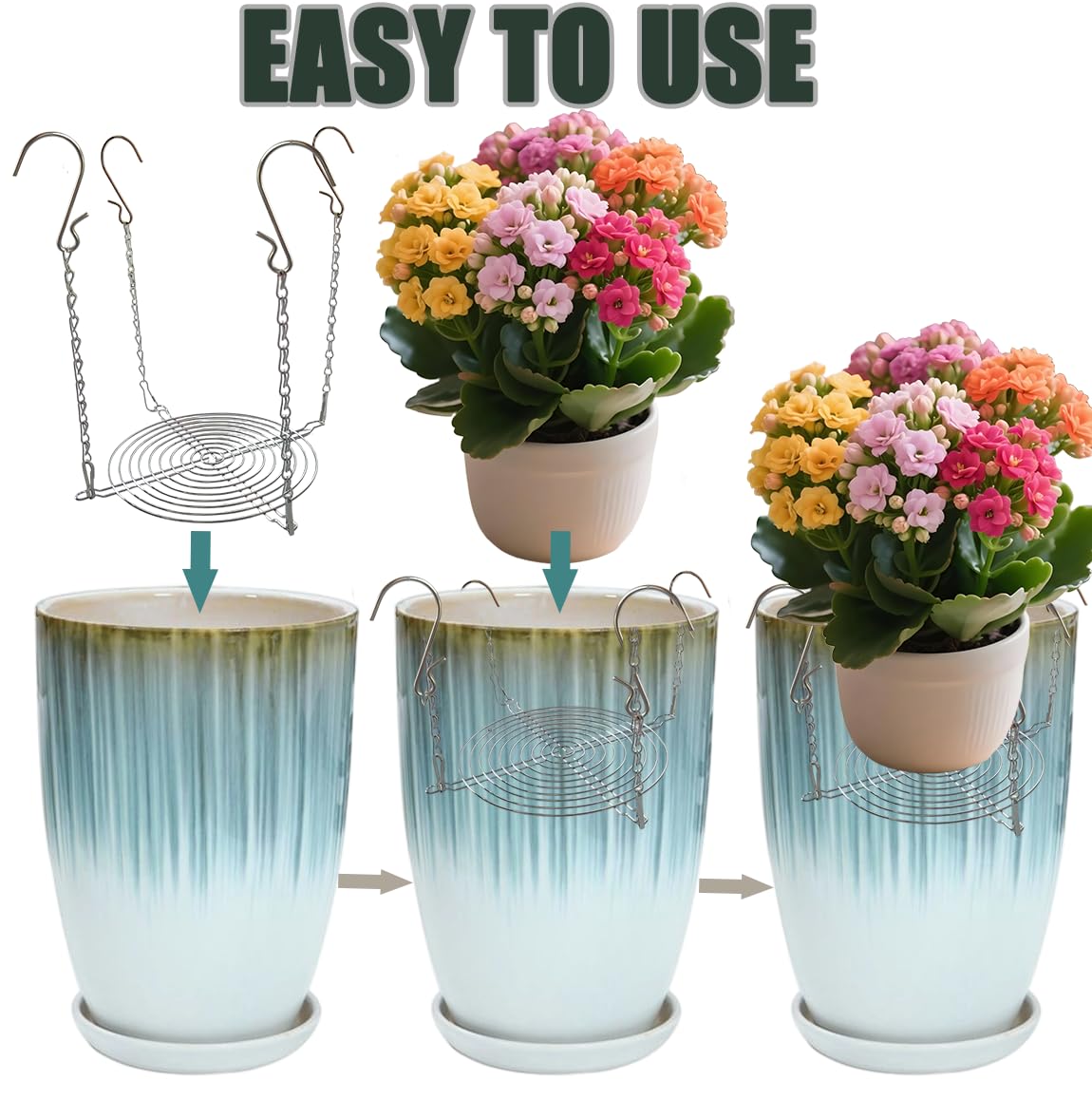 Toeloioh 1Set Adjustable Height Planter Inserts for Tall Planters Large Pots,4 Hooks Fits in The Top Openings,Chain Planter Filler Elevate Plants,Wedding & Party Decor