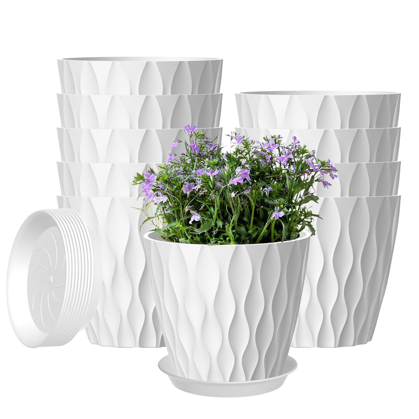 zople 10 Pack 5 Inch Plant Pots with Drainage and Saucers, White Plastic Flower Pots for Indoor and Outdoor Plants, Stackable Nursery Planters for Houseplants and Herbs, White