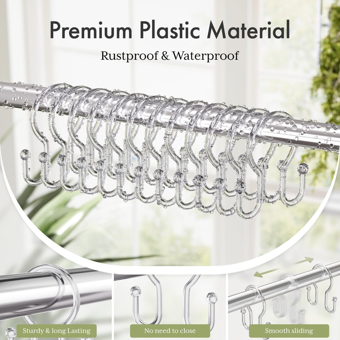 Bathway Shower Curtain Hooks, 12Pcs Plastic Shower Hooks for Shower Curtain, Clear Double Hook Shower Curtain Hooks Rust Proof Shower Curtain Hangers