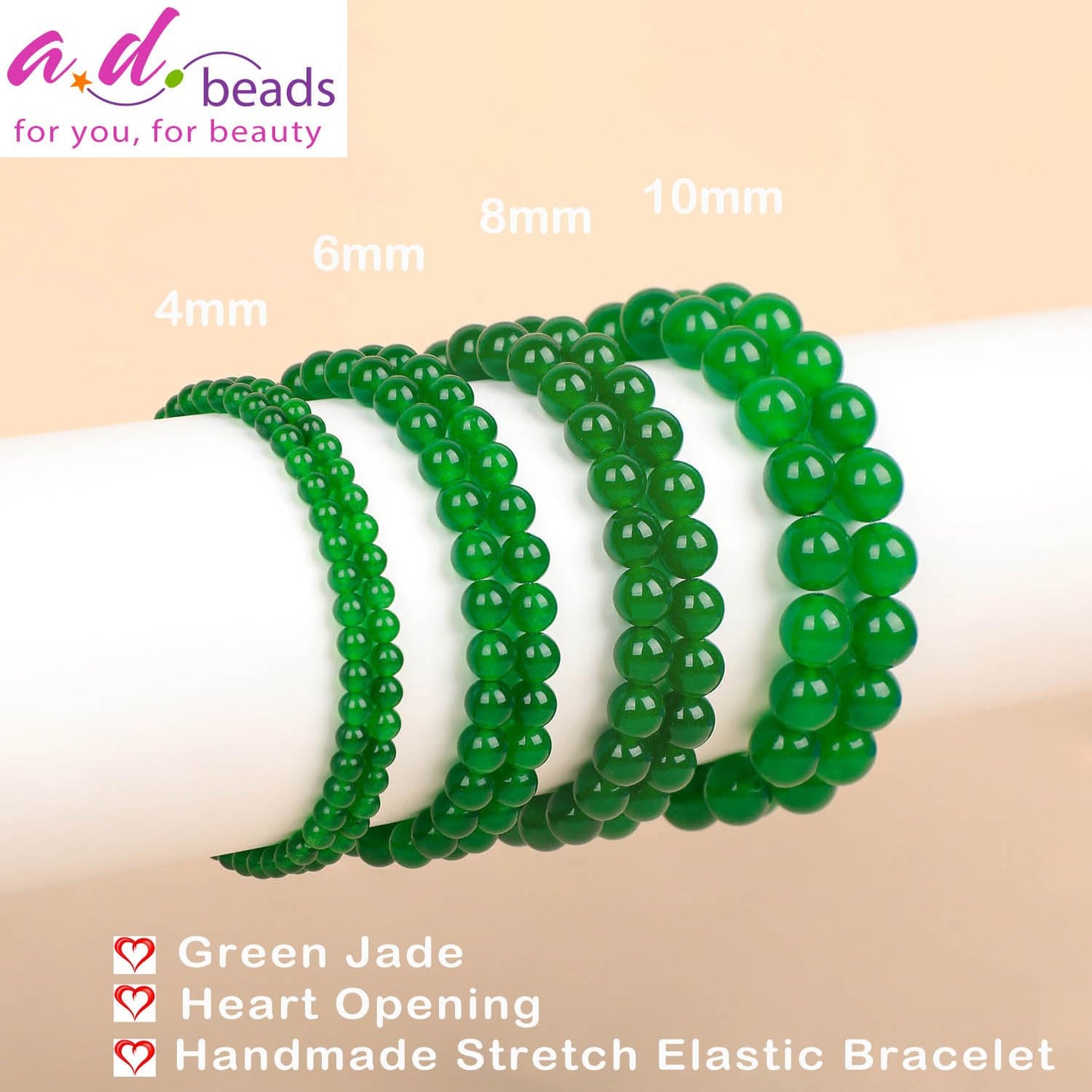 AD Beads Handmade Gemstone Stretch Elastic Bracelet Crystal Healing Reiki Nature's Beauty and Spiritual Essence Unisex (8mm, Green Jade (Heart Opening))