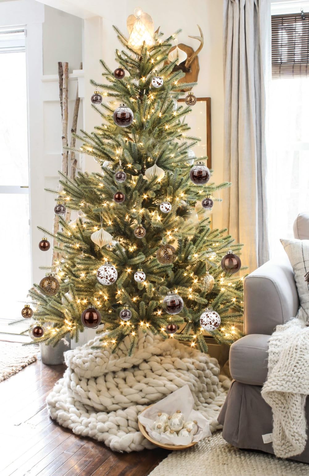 Briful 50mm/1.97" Shatterproof Clear Plastic Christmas Ball Ornaments Decorative Transparent Xmas Balls Baubles Set with Stuffed Delicate Decor Hanging Christmas Tree Ornaments(24 Counts, Brown)