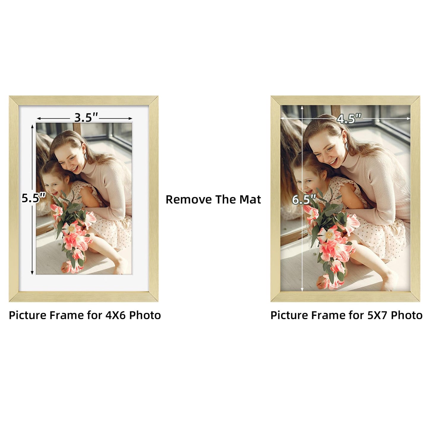 Golden State Art, Gold 5x7 Aluminum Picture Frame - Display Photos 4x6 with Mat or 5x7 inch Without Mat - Shatter-Resistant Glass Metal Photo Frame for Wall or Tabletop Display (2 Pack)