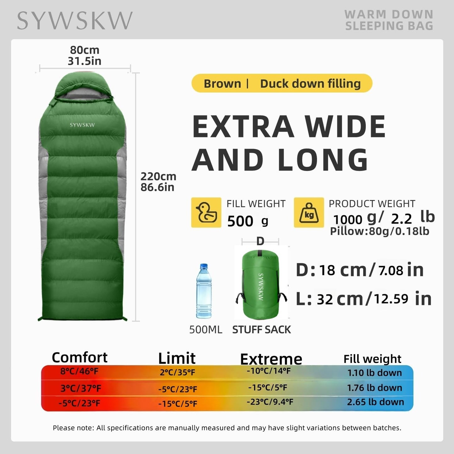 SYWSKW Ultralight Down Sleeping Bag with Pillow,15°F 32°F 46°F Sleeping Bag for Women,Men,Youth Backpacking,Hiking and Camping Outdoor with 680FP Duck Down (Green, 500g Down Filling)