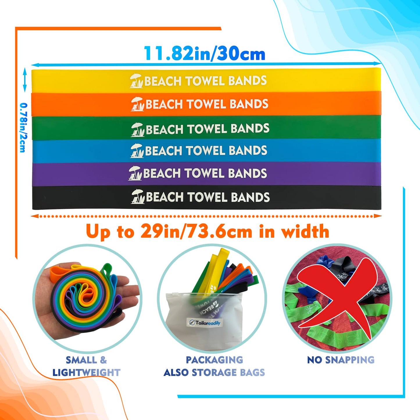 Tailoreadily 6 Pack Towel Bands, Beach Pool Cruise Chair Essentials, Keep Towels from Blowing Away, Beach Accessories for Vacation Must Haves, Great Alternative to Secure Clips, Multicolor