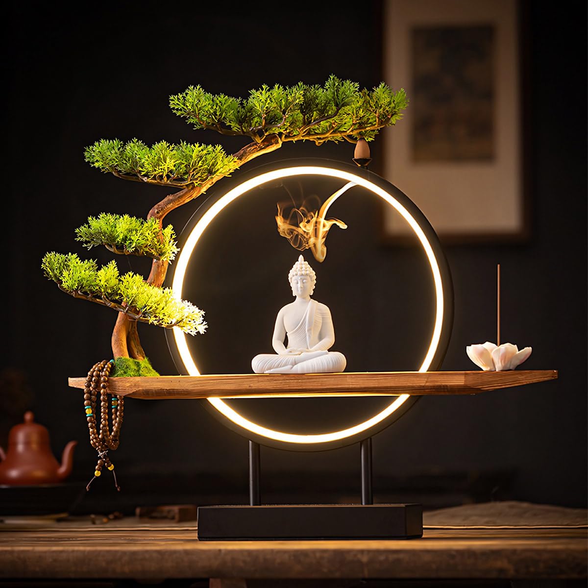 TXYXT Shakyamuni Buddha Ceramic Statue Indoor Backflow Incense Burner with Led Ring Light，Meditation Decoration for Home and Office, Suitable for Cone and Stick Incense