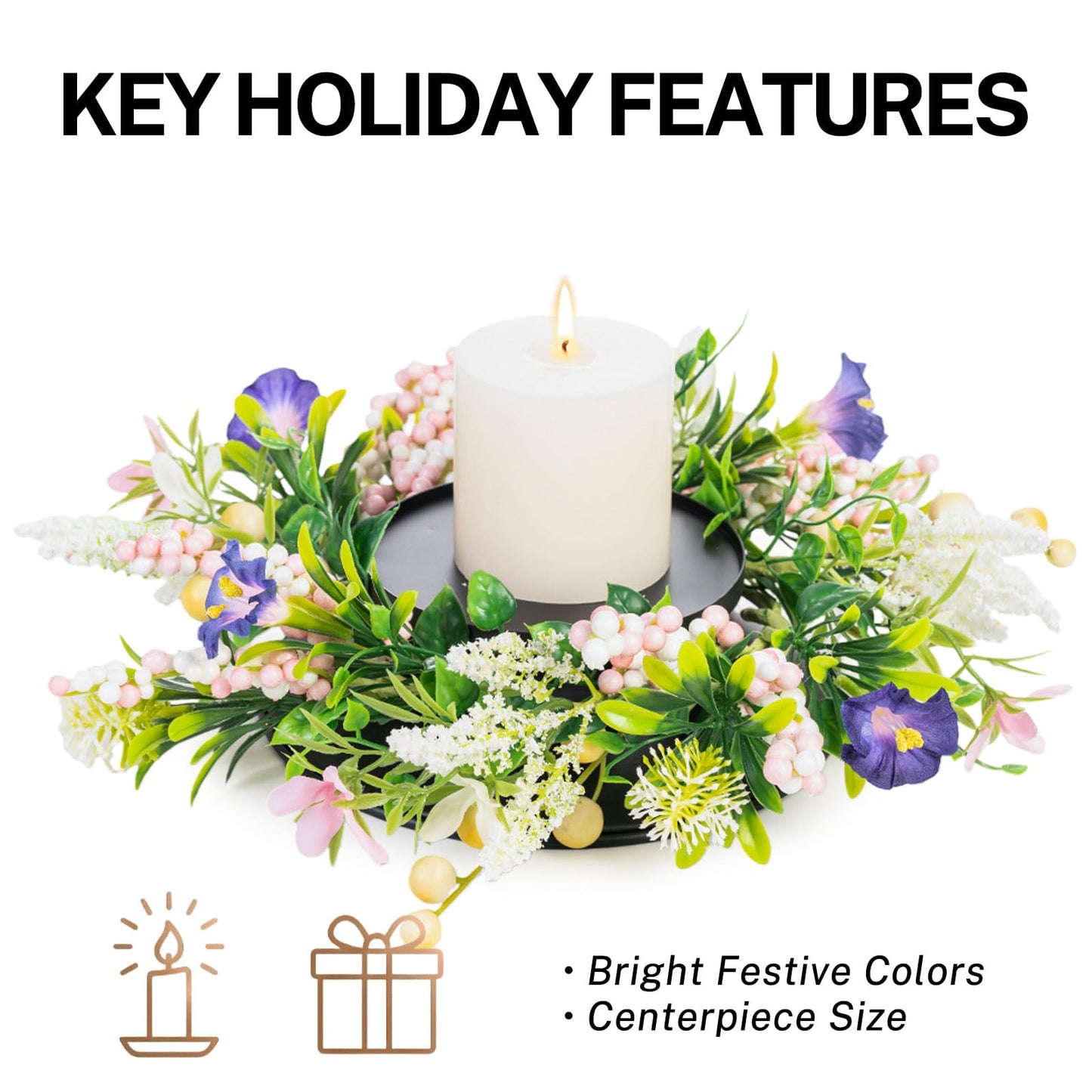 MOYEE Candle Holder Centerpieces for Tables,Candle Ring,Wreaths, Black Metal Candle Stick Paired Artificial Flowers 14 in Versatile Dining Table Centrepiece