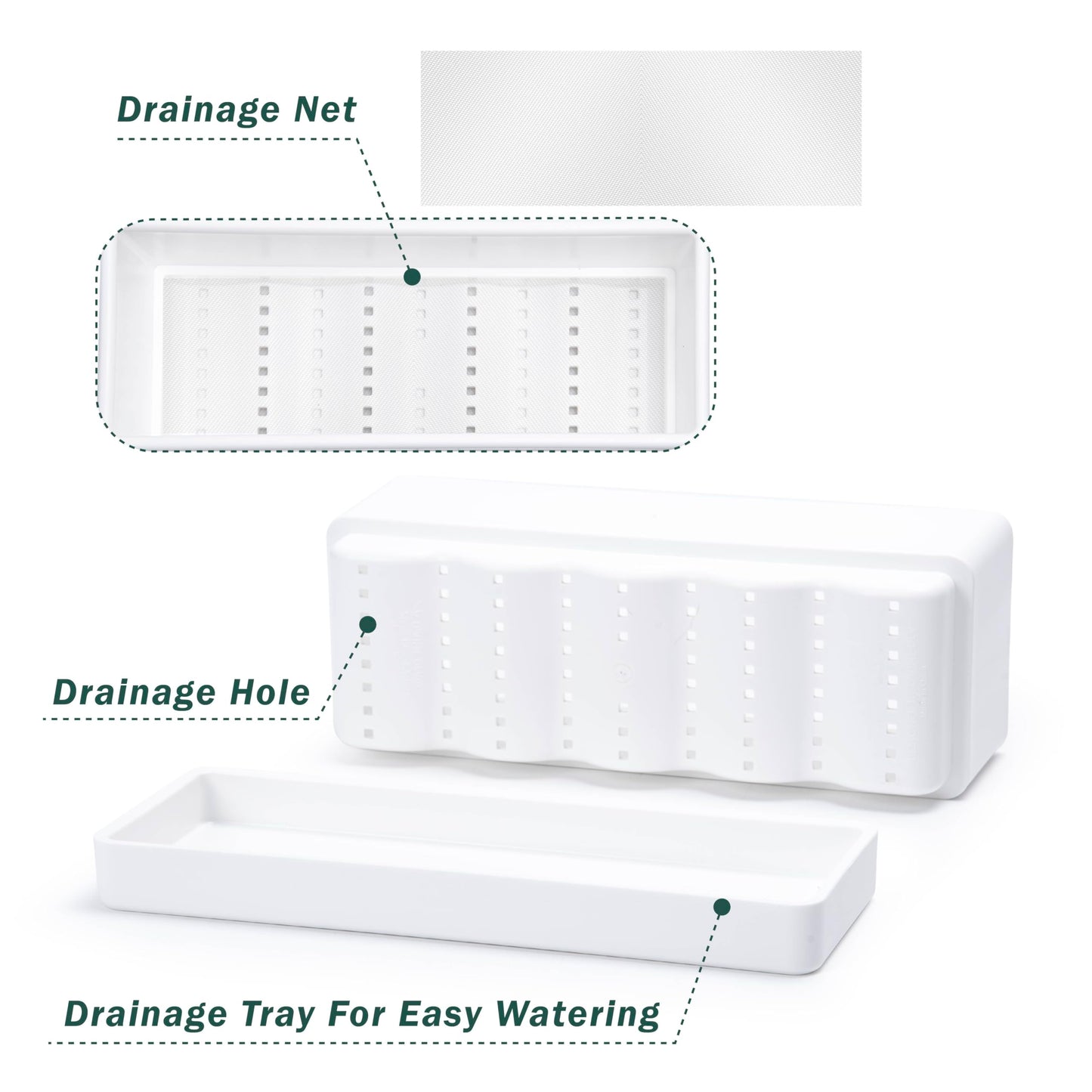 D'vine Dev 12 Inch Window Box Planter, Rectangle Plastic Herb Planter with Drainage Holes and Saucer, Indoor Succulent Cactus Vegetable Pot for Windowsill, Garden Balcony, White, Set of 2, 76-X-A-2