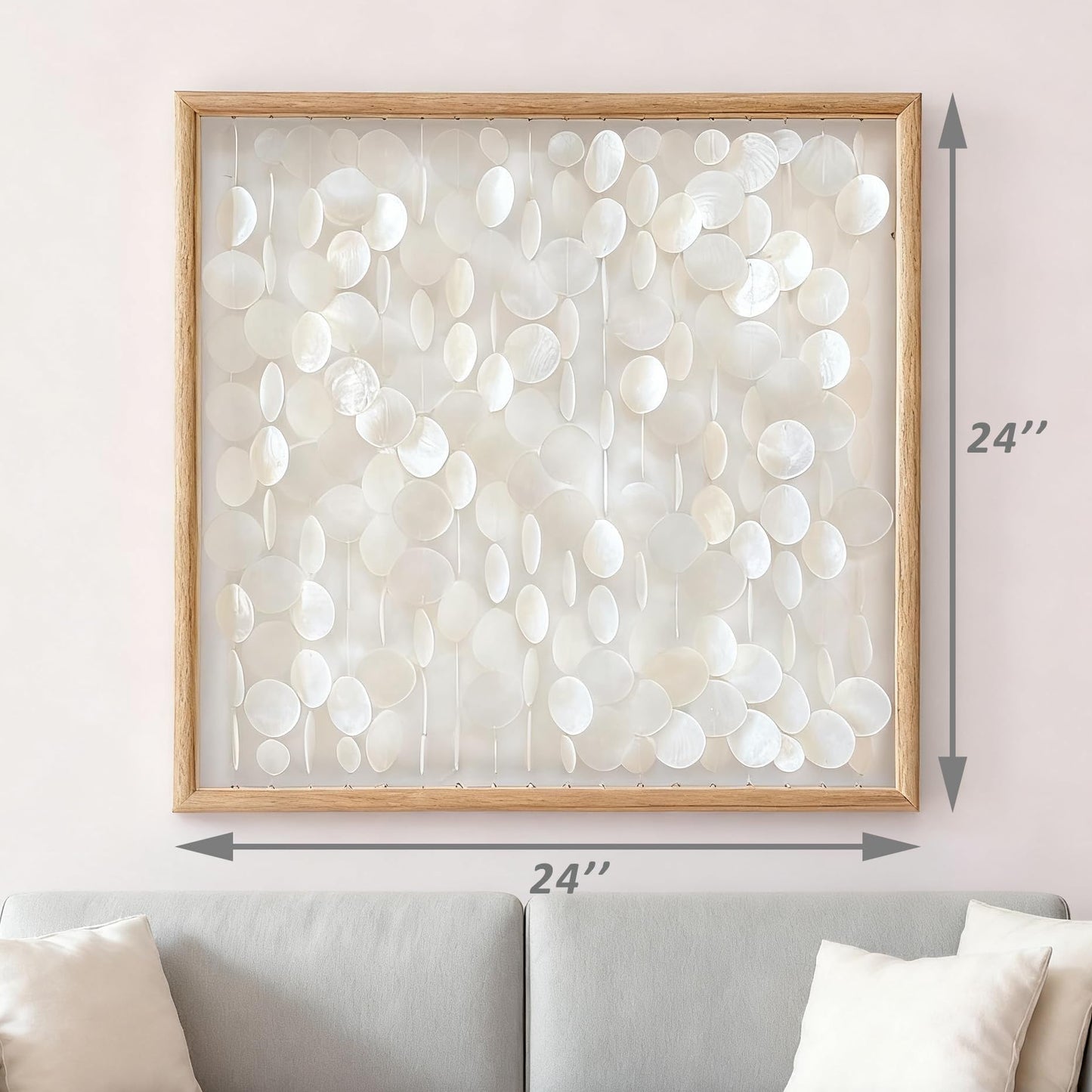 Bergamot 3D Handmade 24"x24" Capiz Shell Wall Hanging Decor, Solid Wooden Framed Coastal Wall Decor, Minimalist White Sea Shell Art for Living Room, Bedroom, Office