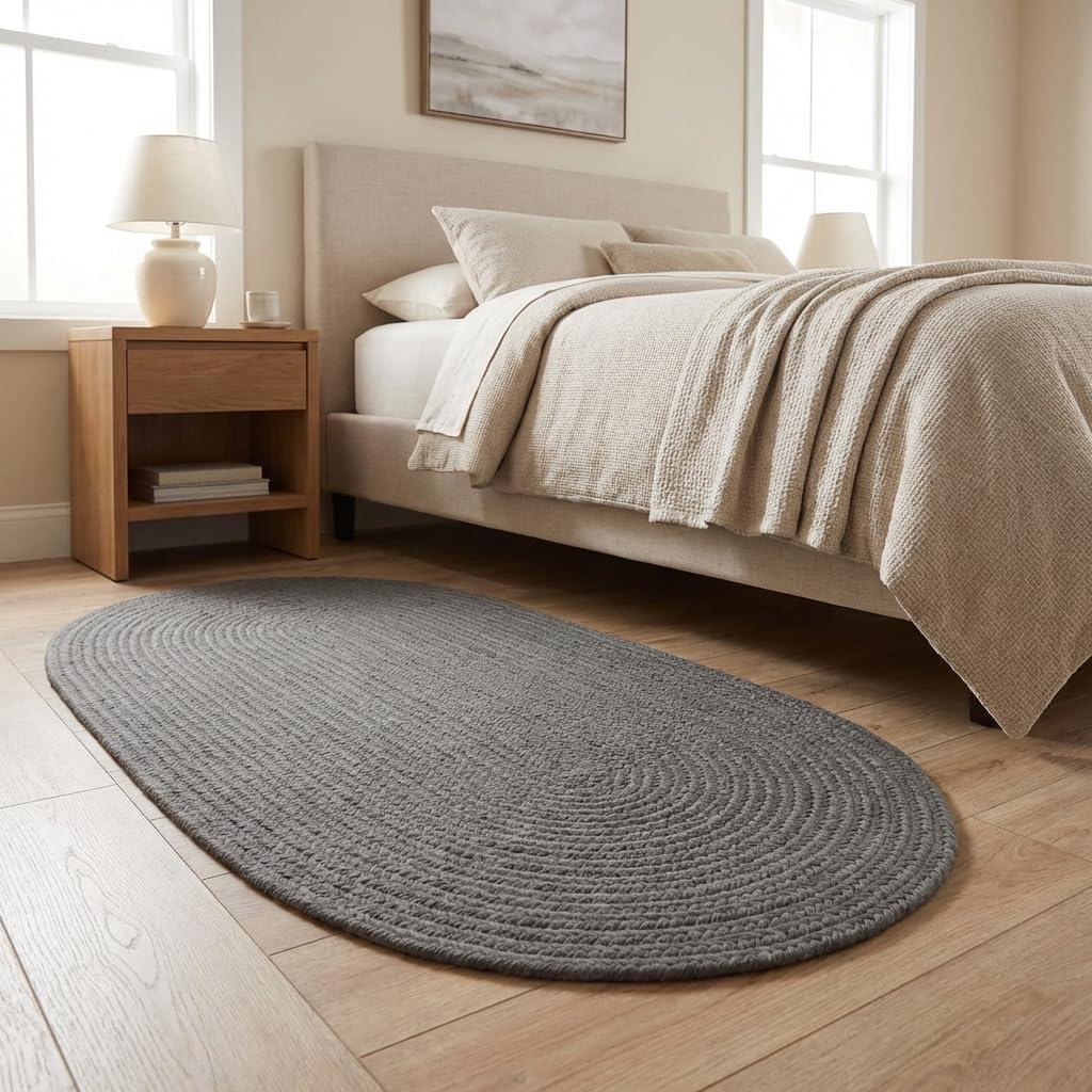 Super Area Rugs Gray Braided Rug Country Kitchen Braided Rugs - Durable Primitive Rug - Oval 3' X 5'