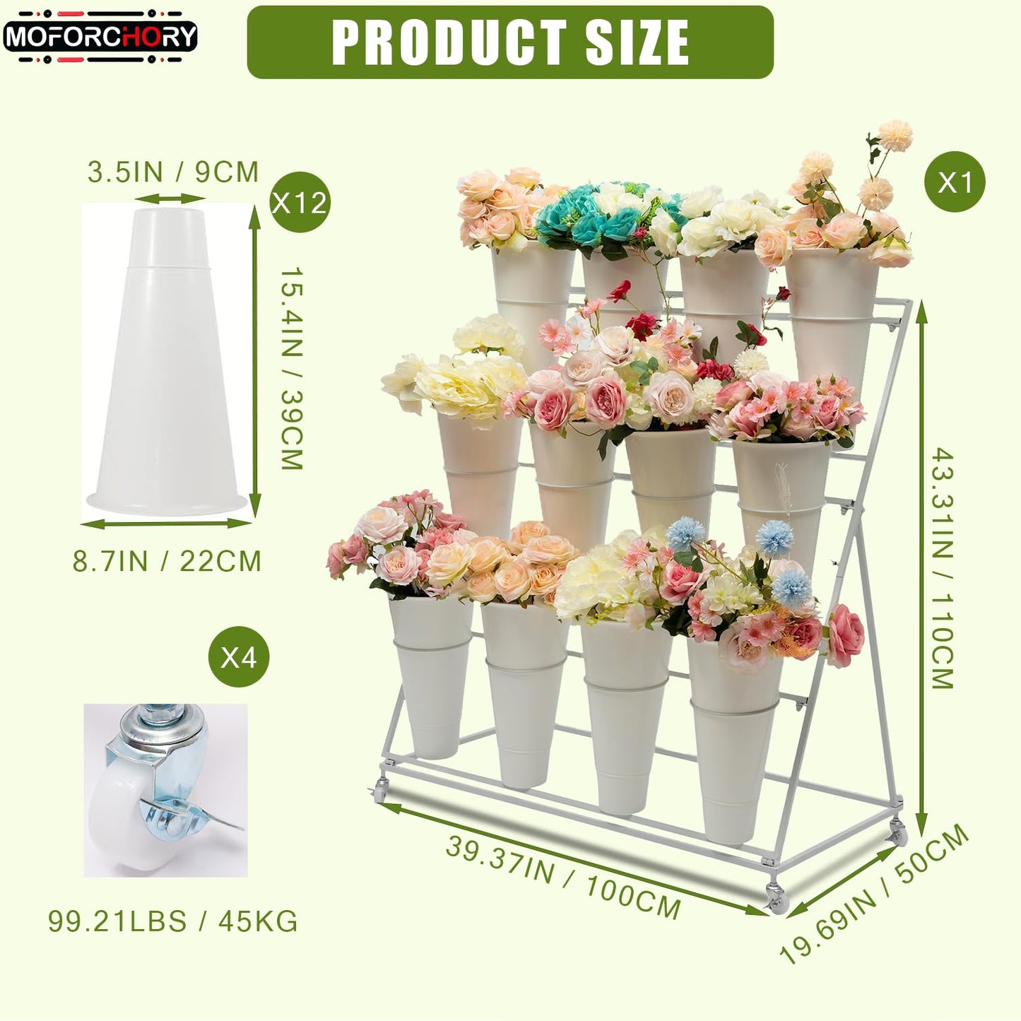 Moforchory flower bar stand, flower display stand with 12 buckets, 3 Layers Flower Cart White Metal Flower Bar Stand with Wheels, Moving Florist Bouquet Shelf for Indoor Outdoor Patio Garden Weddings Florist Living Room