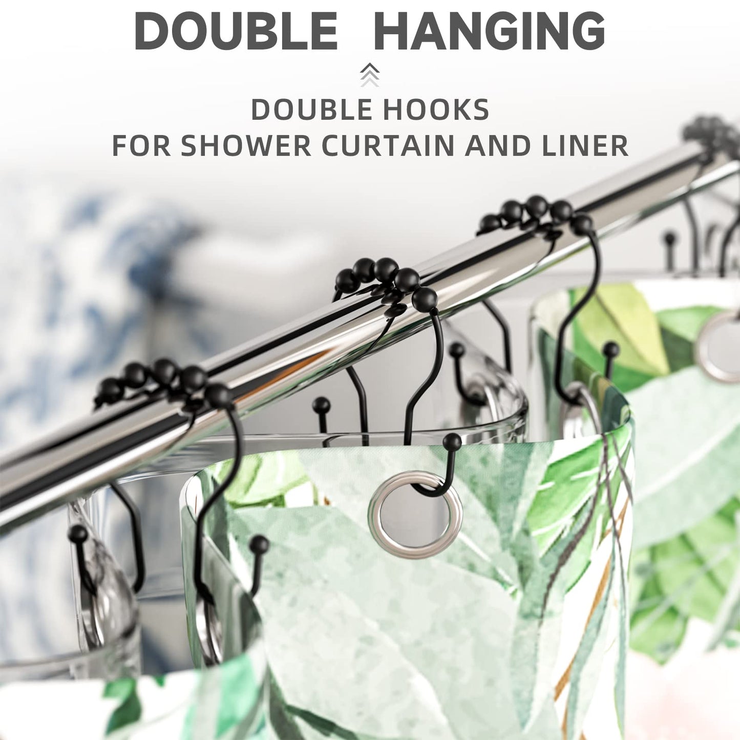 Bathway Shower Curtain Hooks Shower Curtain Rings Black Shower Curtain Hooks RustProof Smooth Metal Double Shower Curtain Hook, Shower Hooks for Shower Curtain Liner Bathroom Shower Rod Hook