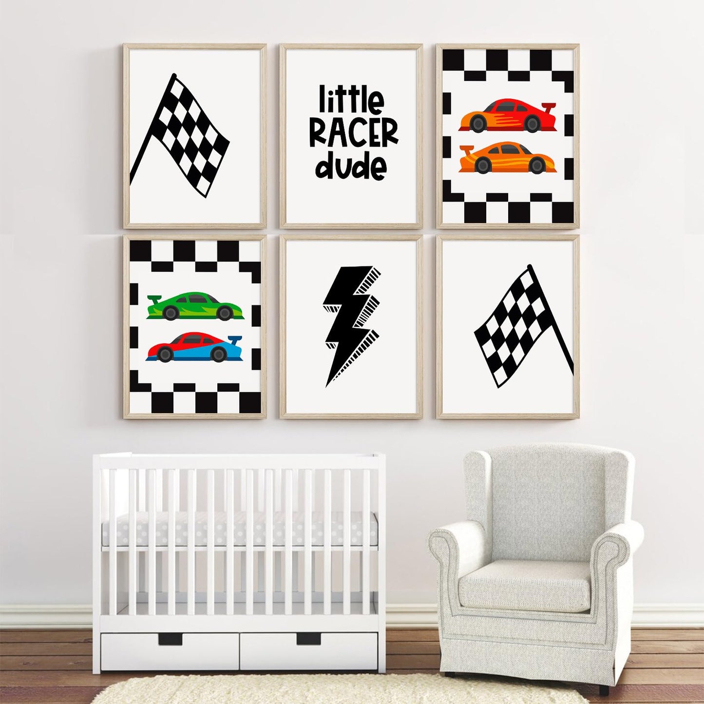 Race Car Wall Art Pictures Boys Room Wall Decor Nursery Toddler Canvas Wall Art Kids Playroom Art Prints Boys Race Car Poster Nursery Artwork Set of 6 for Bedroom 8x10 Inch Wood Framed