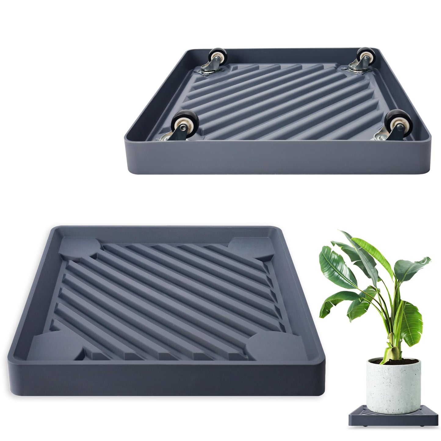 REDHUGO 2PCS Square Plant Caddy with Hidden Wheels, Heavy Duty Rolling Plant Stand Caddy with Wheels, Pot Base for Indoor Outdoor, Gray, 9.96 inches