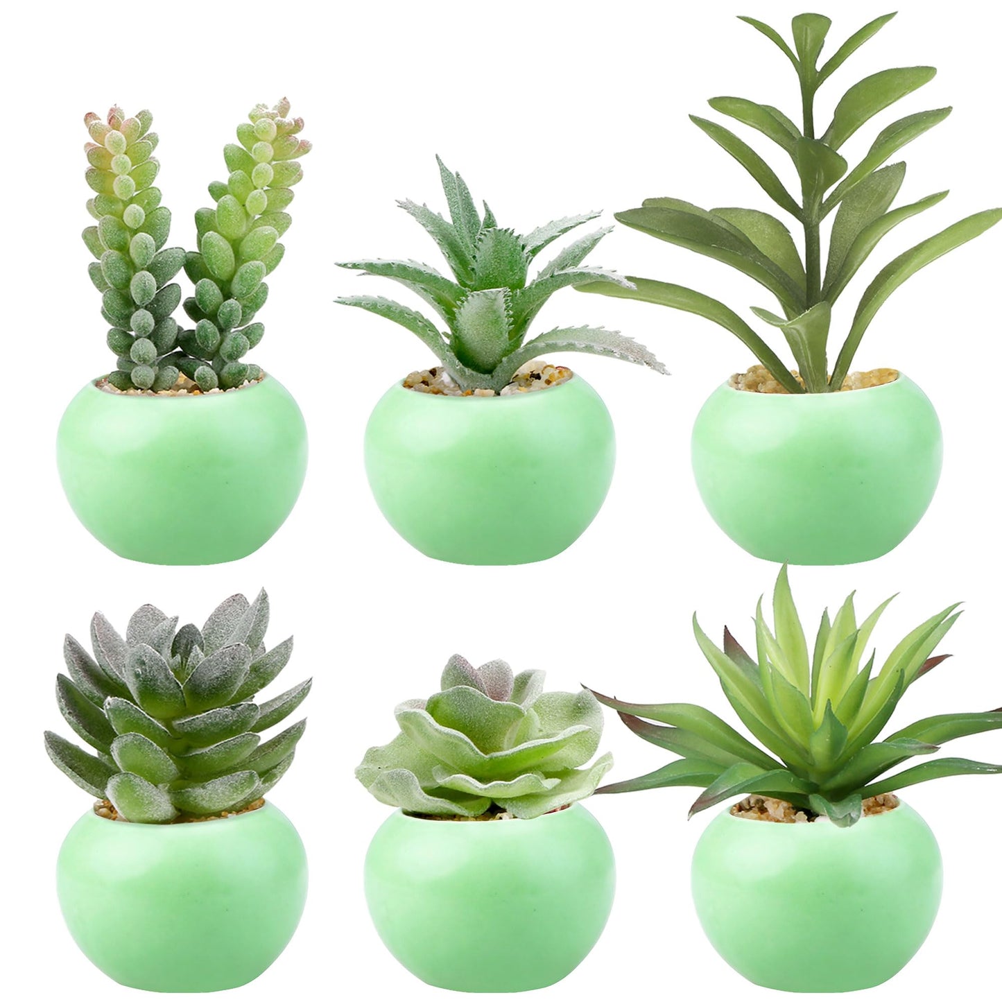 GREENTIME 6 Pcs Artificial Succulent Plants Bulk in Mini Ceramic Pots Small Fake Succulent Plant Faux Indoor Decor Bedroom Desk Bathroom Office Living Room Table Shelf Home Decoration (Green)