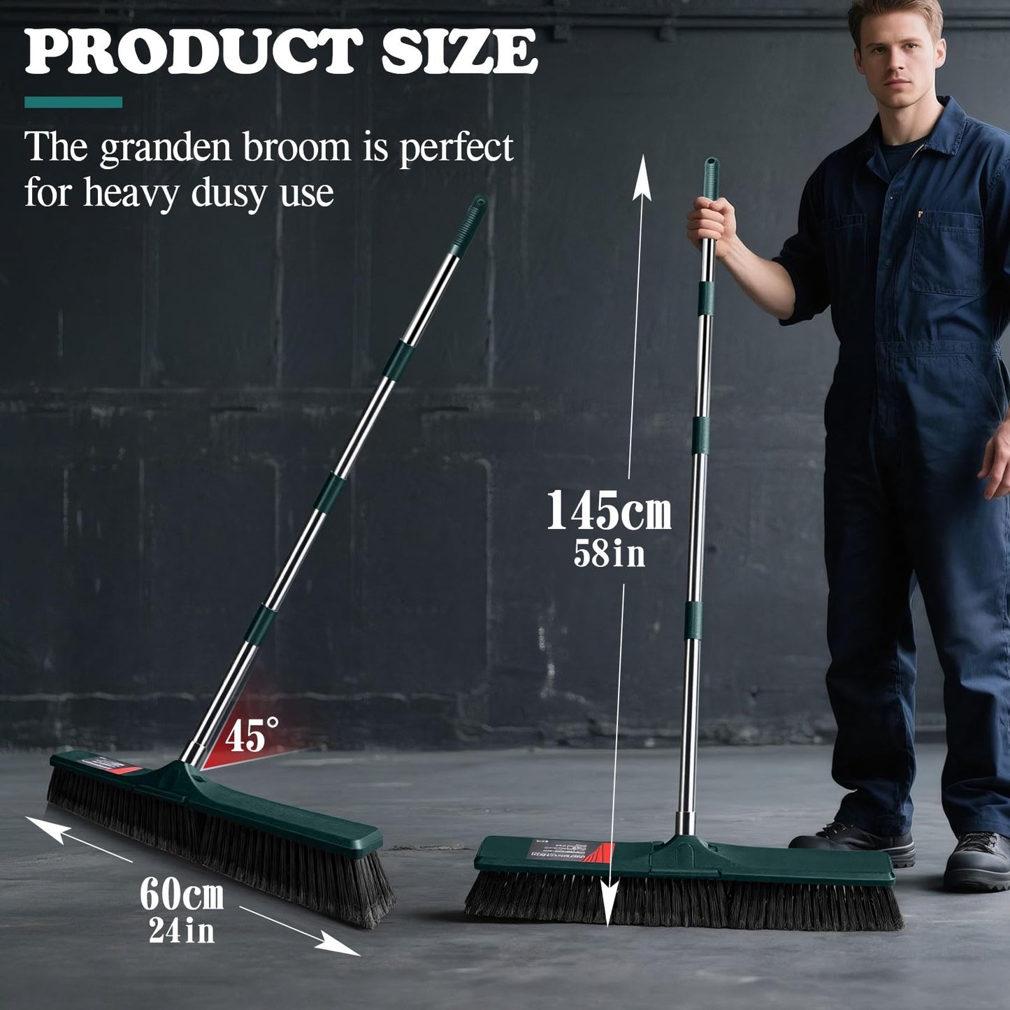 MASTERTOP 24" Push Broom Outdoor, Heavy Duty Garden Brush Broom with 58" Long Handle and Stiff Bristles,Commercial Outdoor Broom for Deck Driveway Garage Yard Patio Warehouse Concrete Floor Cleaning