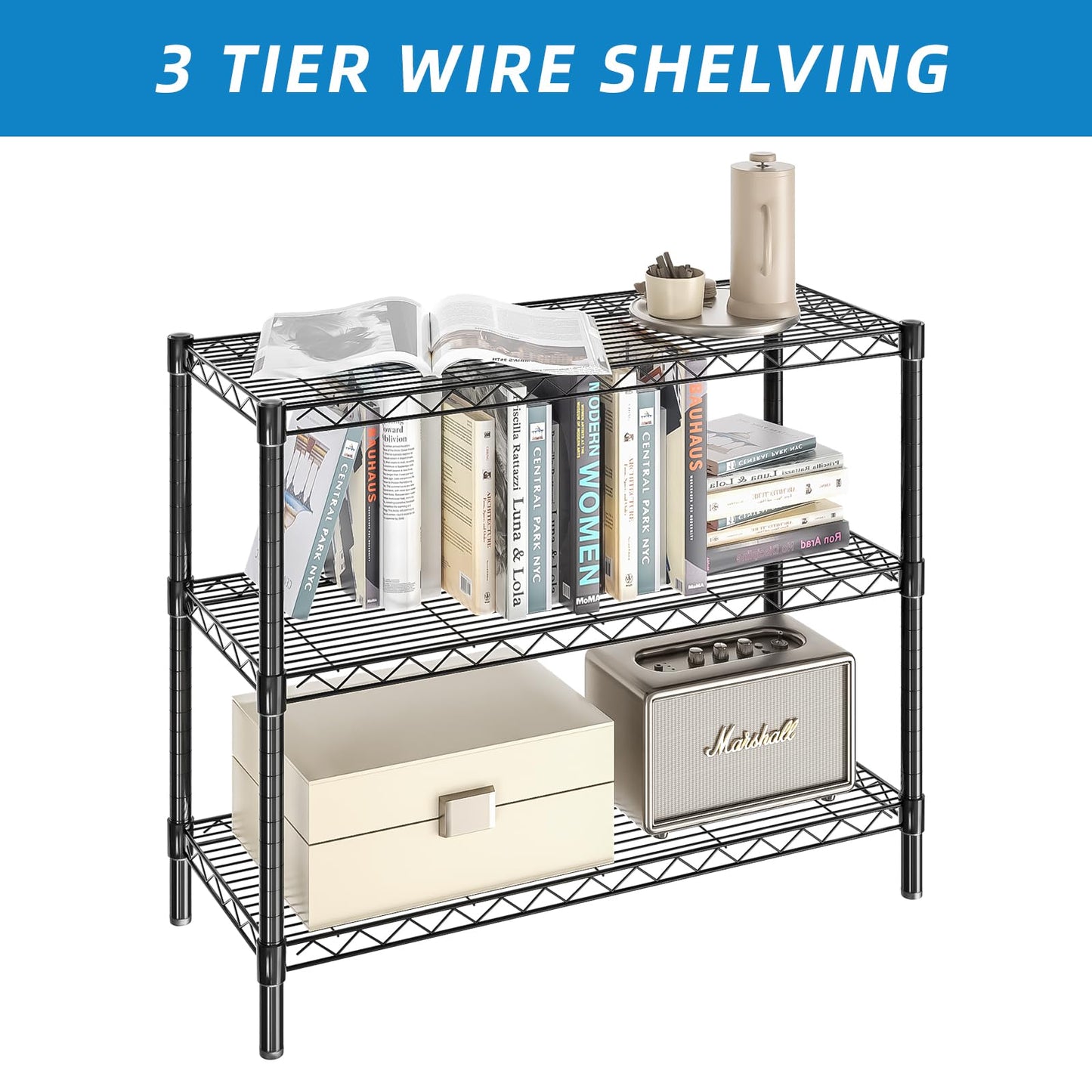Guan River 3-Shelf Adjustable Metal Shelf Wire Shelving Unit Storage Rack Display Shelf for Office,Kitchen,Bedroom,Bathroom,Laundry,Pantry Basement,Garage(Black,36" L x 14" W x 30" H)