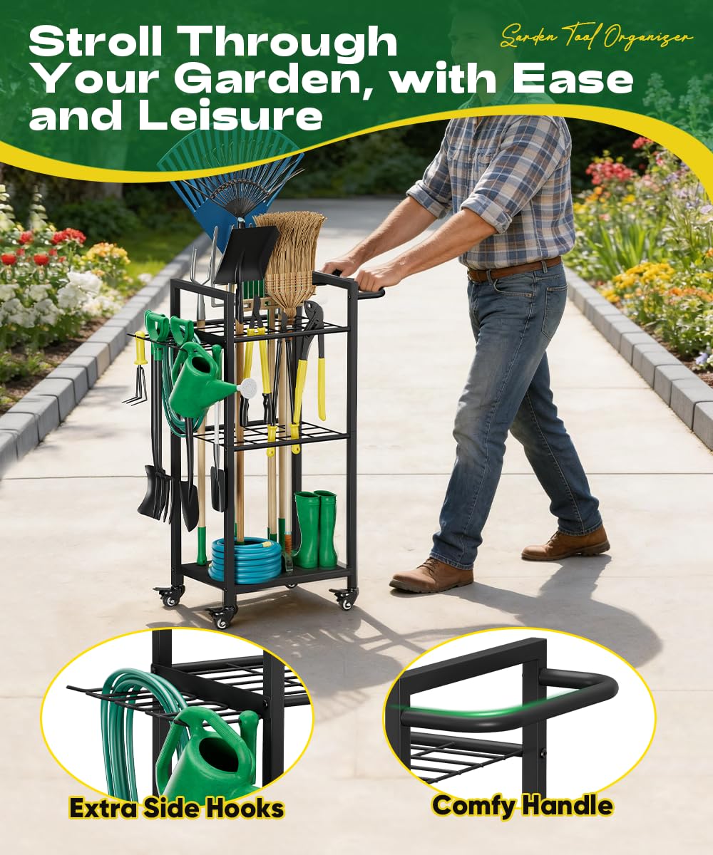 Lotspasie Garden Tool Organizer with Wheels, Heavy Duty 3 Tier Metal Yard Tool Storage Rack Holder with Side Hooks, Freestanding Garage Organizer for Shovels, Rakes, Brooms, Indoor Outdoor Use, Black