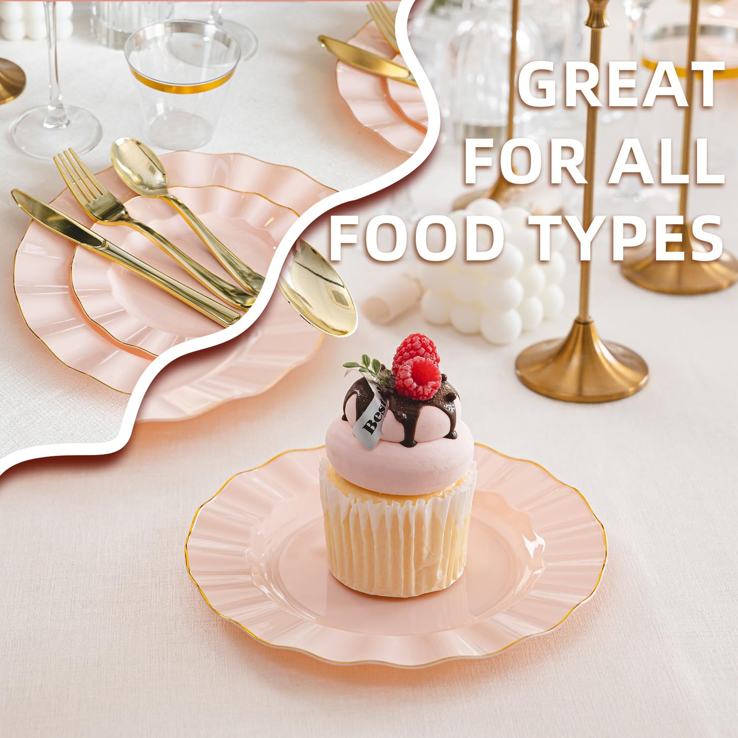 QualQuot 175PCS Gold and Pink Plastic Dinnerware Set, Plastic Party Plates for 25 Guests, 50 Disposable Plates, 25 Heavy Duty Silverware, 25 Cups, 25 Napkins for Mother's Day, Party and Wedding